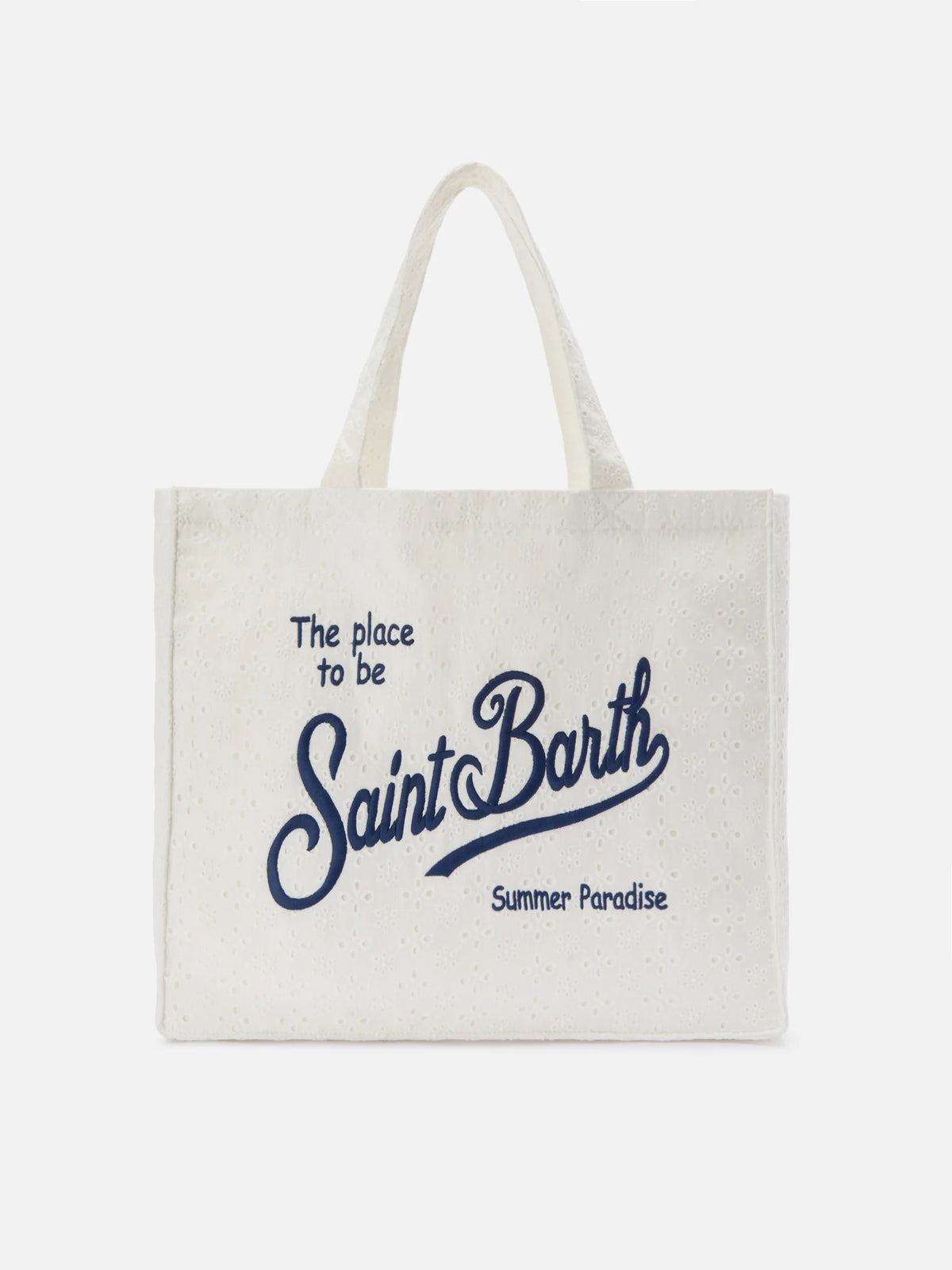 Essential white broderie anglaise cotton tote bag with contrasting logo