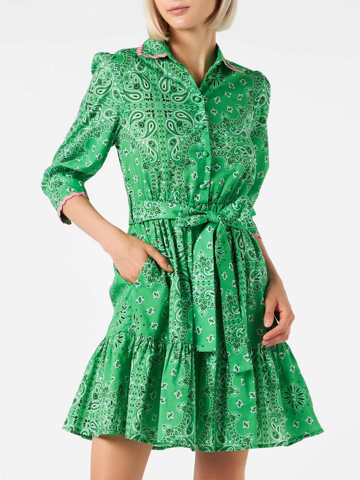 Cotton short dress Daisi with bandana print and embroideries