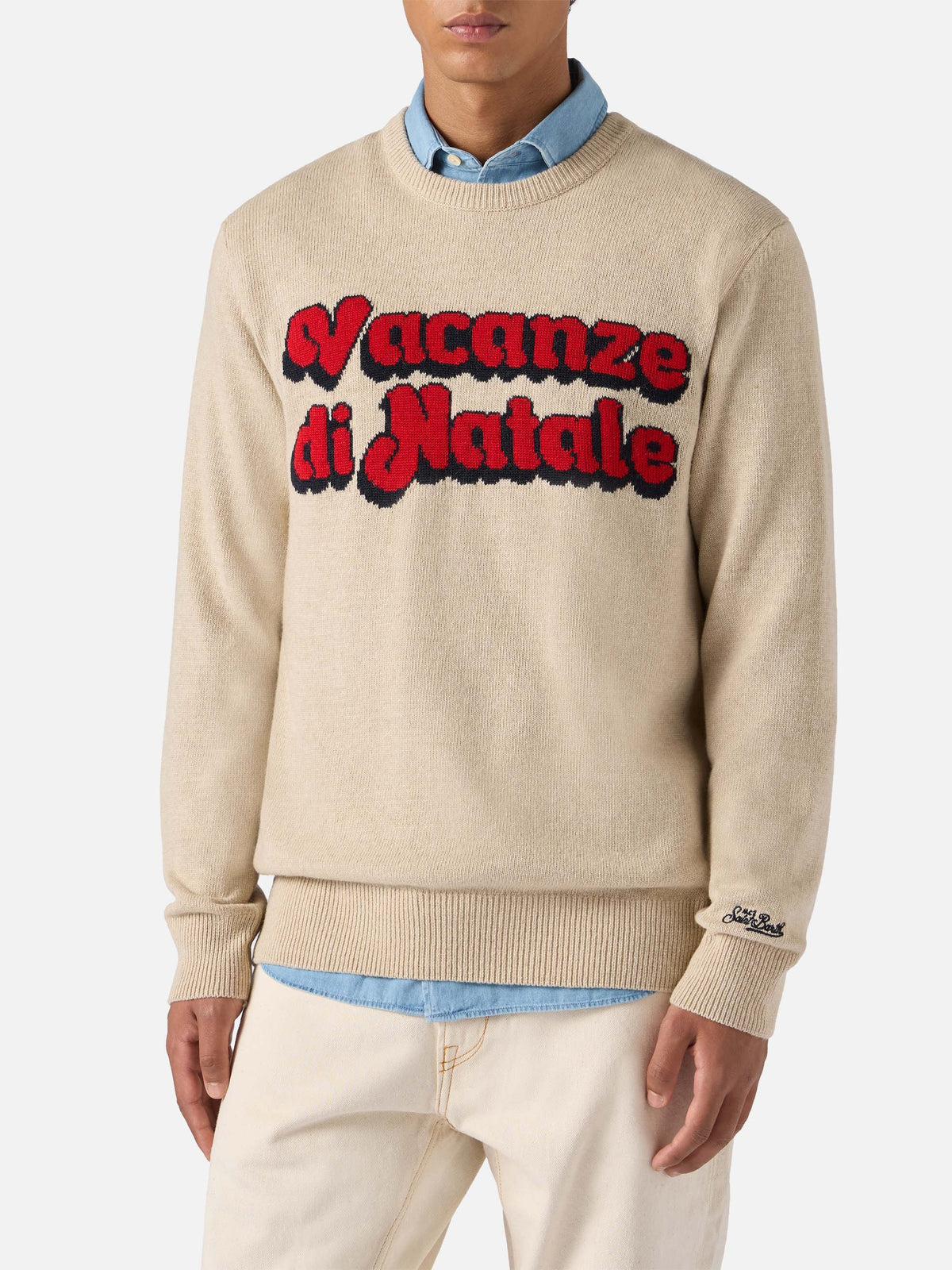 Beige crewneck Heron with Vacanze di Natale jacquard | VACANZE DI NATALE SPECIAL EDITION