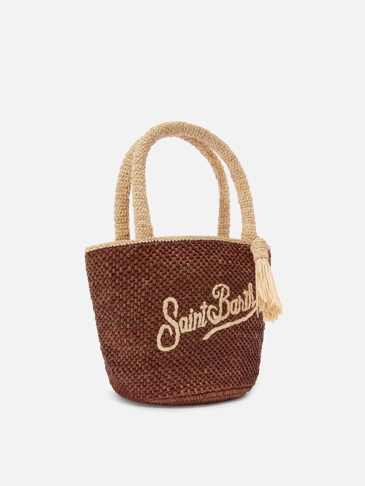 Brown Marcy raffia bag with tassel and embroidered logo
