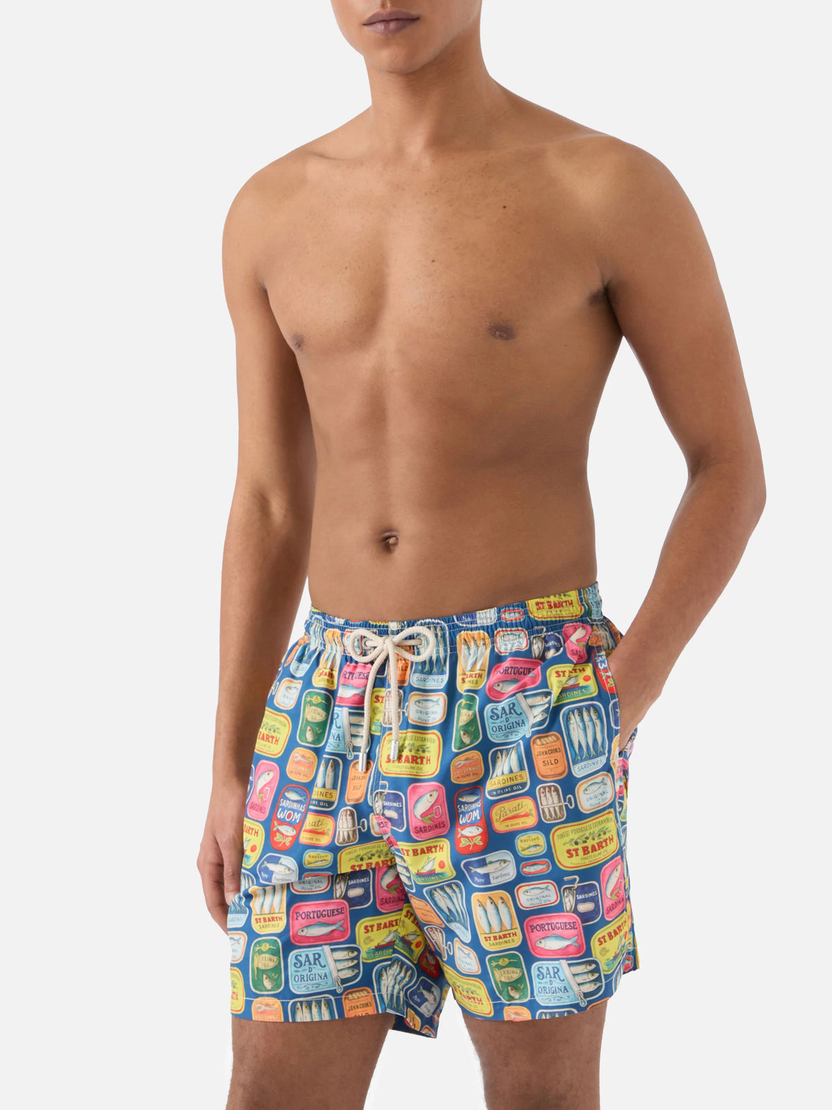 Blue Lighting swim shorts with all-over sardine tins print