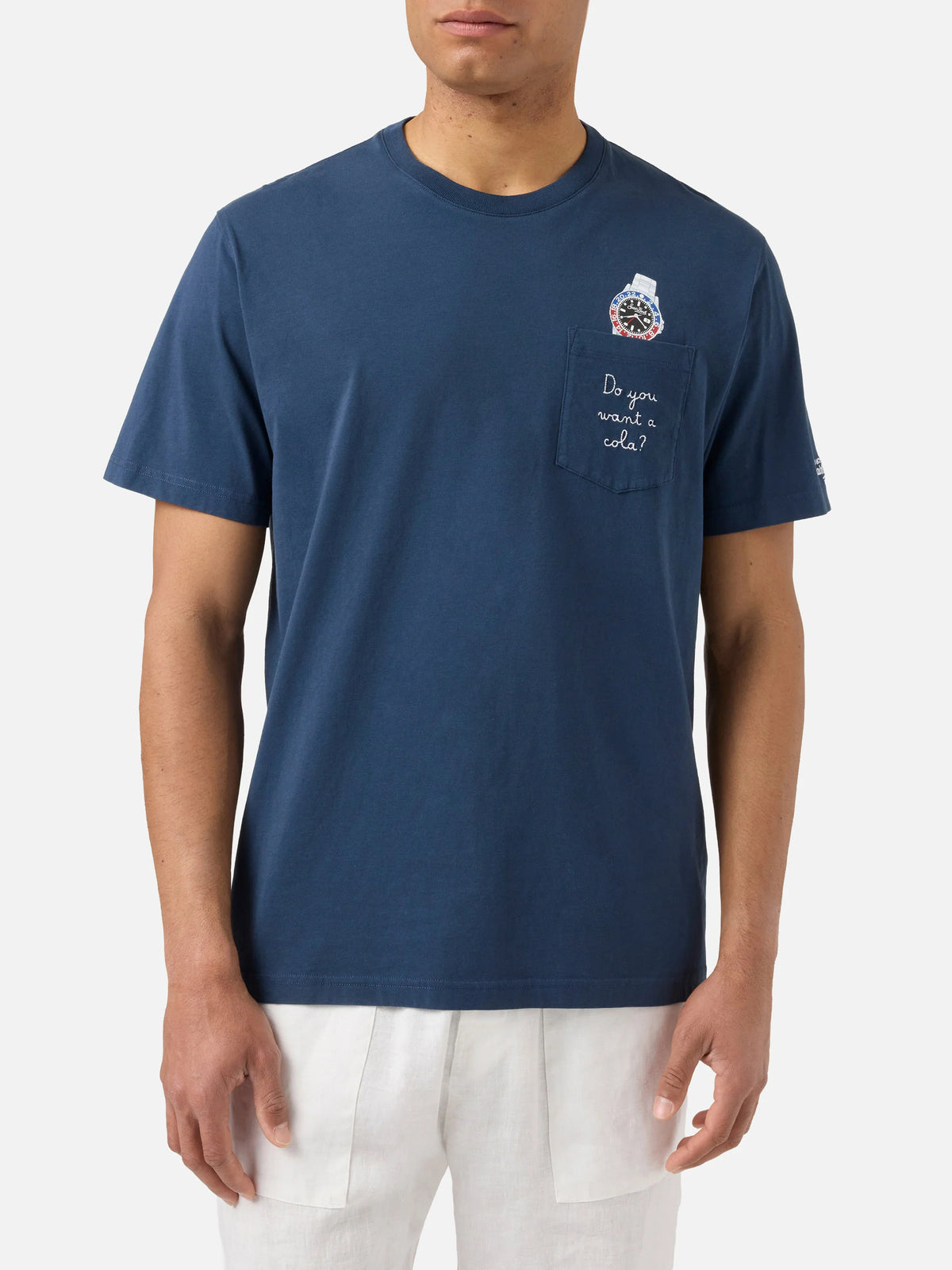 Blue Austin t-shirt with watch and Do You Want A Cola? embroidery