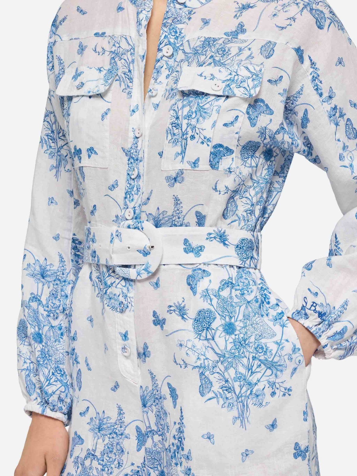 Hanniel linen playsuit with butterfly toile de jouy print