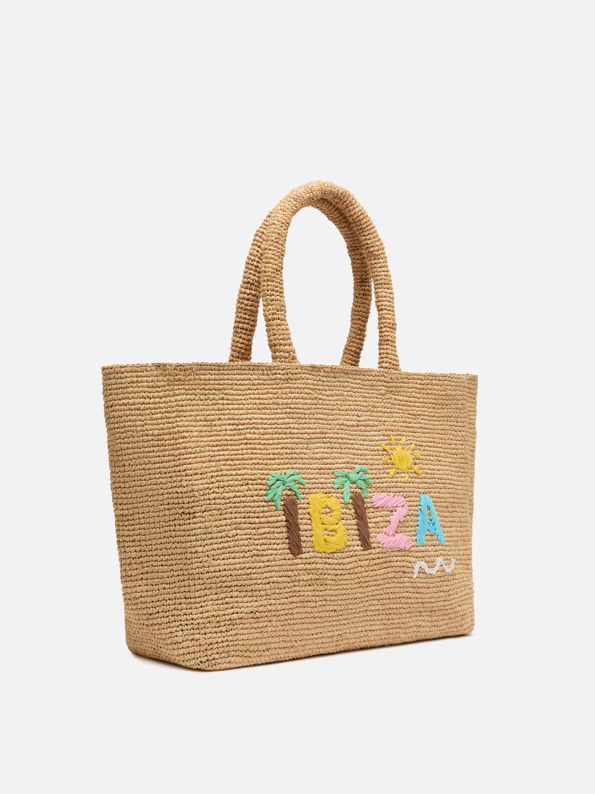 Beige Raffia Beach bag with cotton pouch and Ibiza embroidery