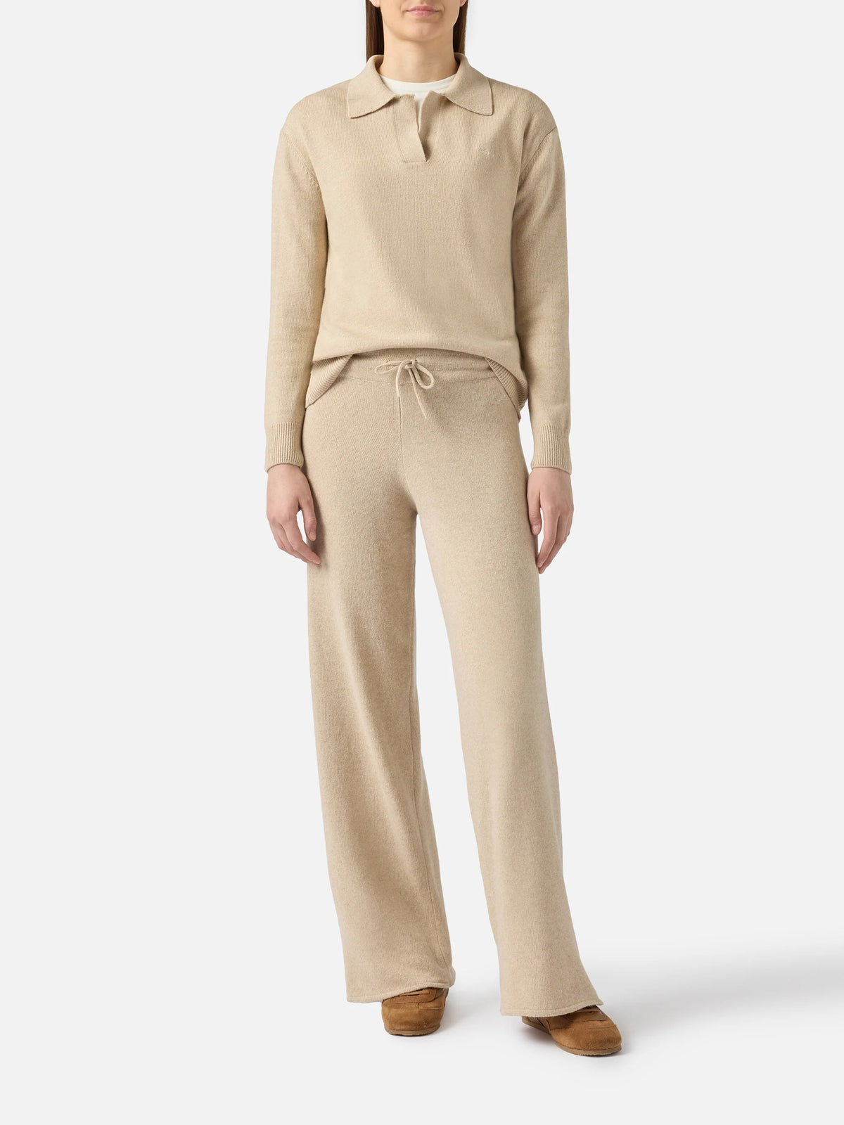 Beige Eze blended cashmere sweater with polo collar