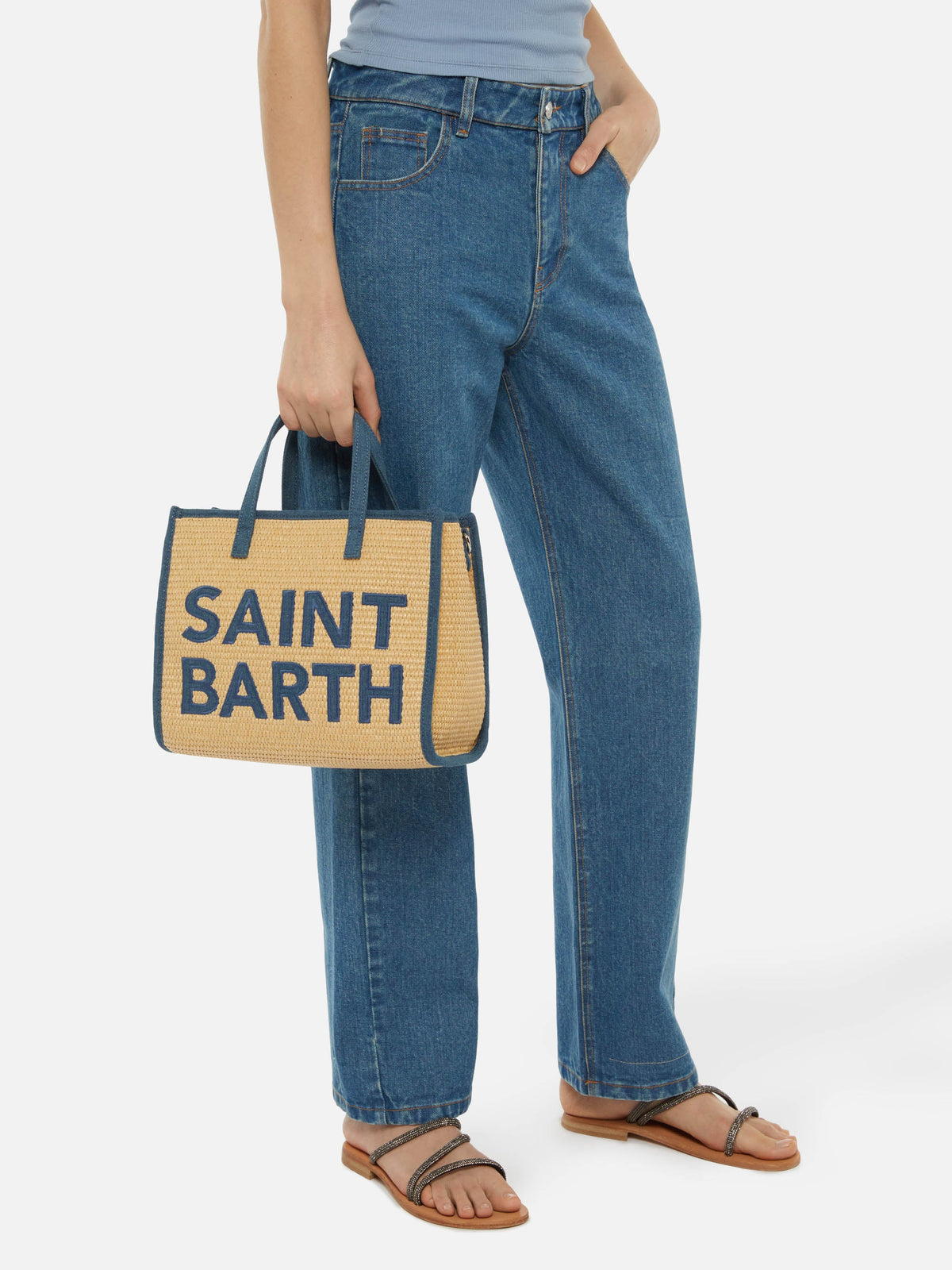 Vivian Mid Straw beige straw effect handbag with denim patch