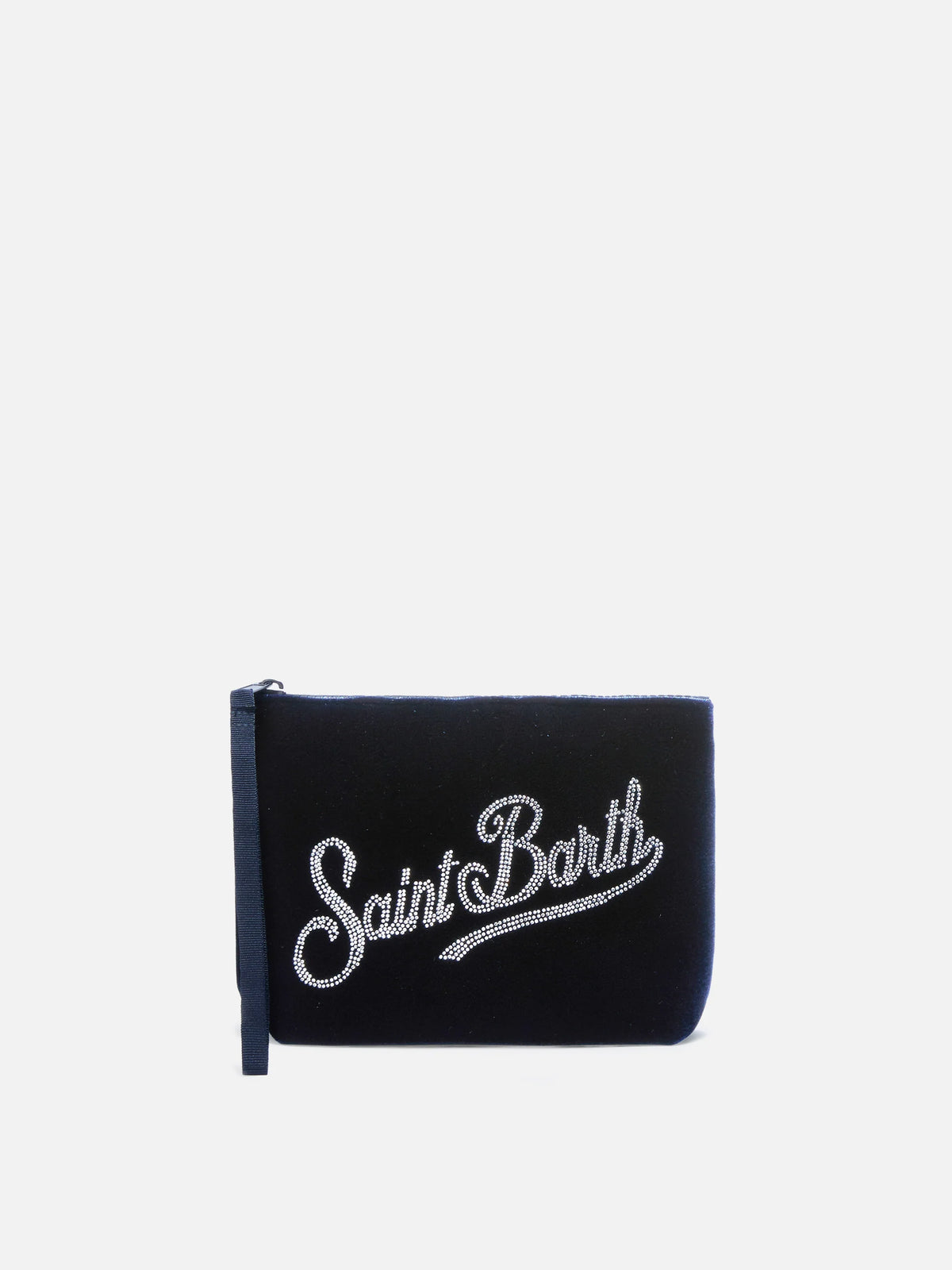Aline blue velvet-effect scuba pouch with rhinestone logo