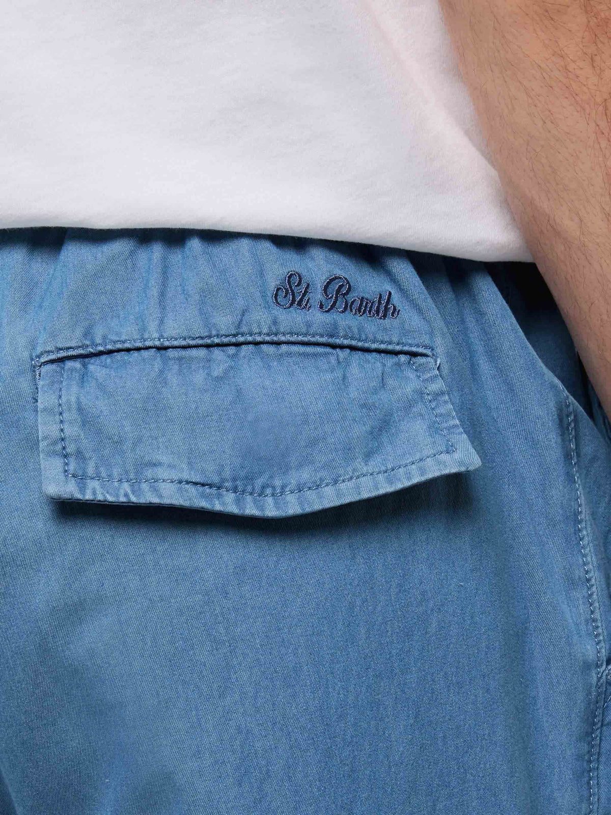 Calais denim blue chambray pants with drawstring