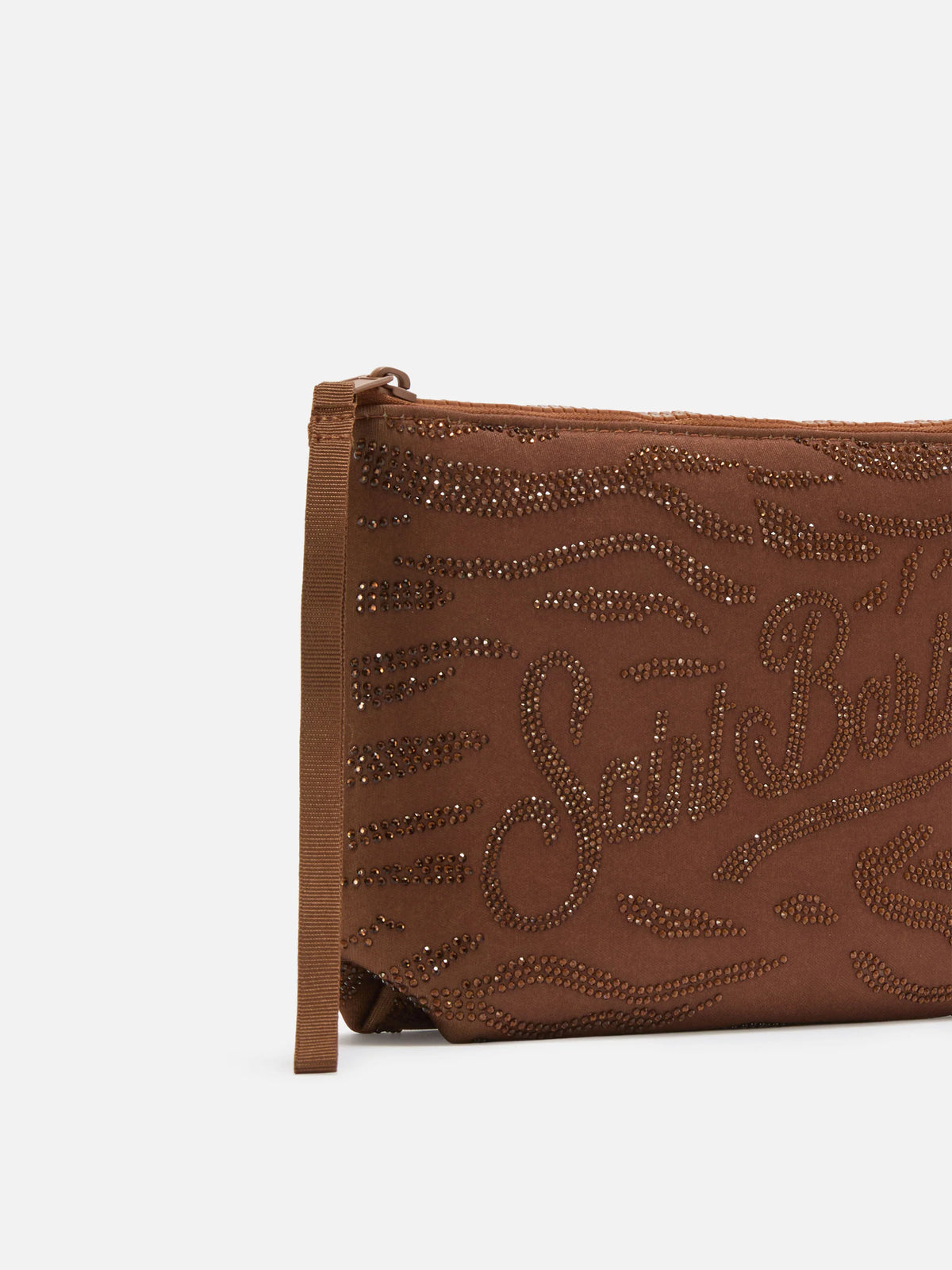 Aline scuba brown pouch with zebra print and applied rhinestones