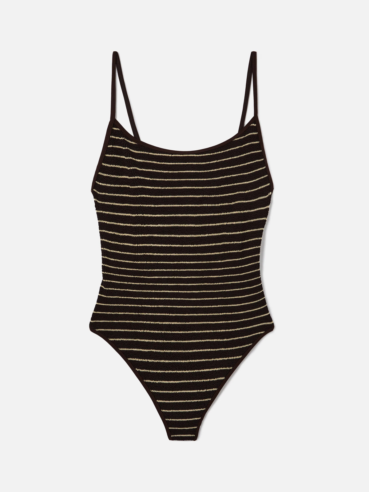Cecille String one-piece swimsuit in brown and white striped crinkle fabric