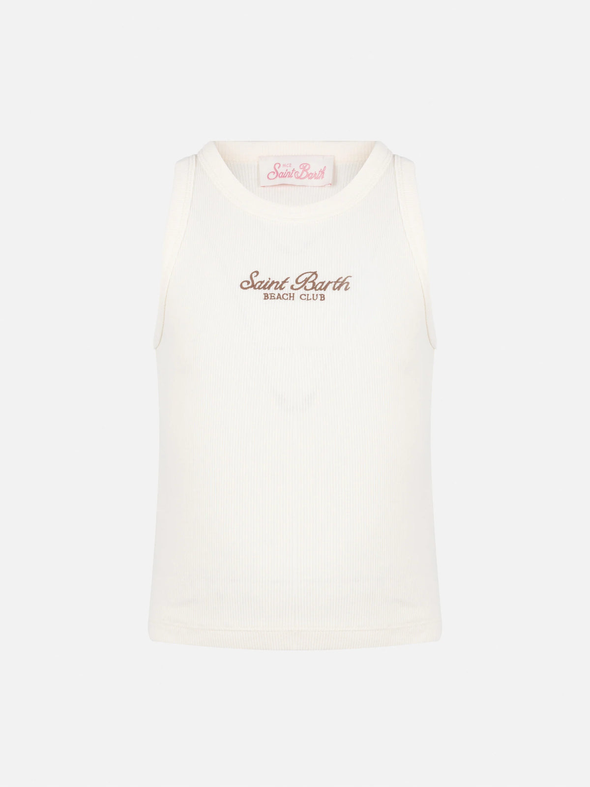 Blue Jr off-white rib-knit cotton crop tank with embroidery