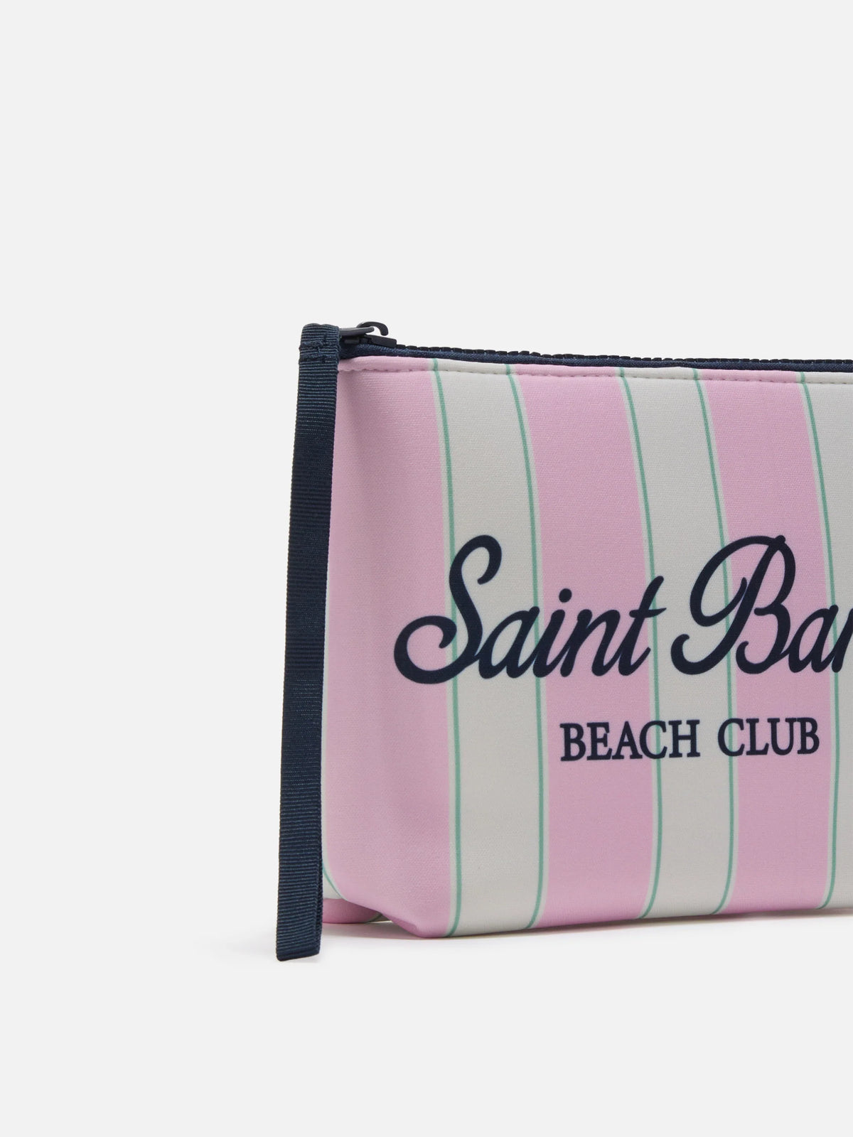 Aline scuba pouch with pink and green striped print and Beach Club logo
