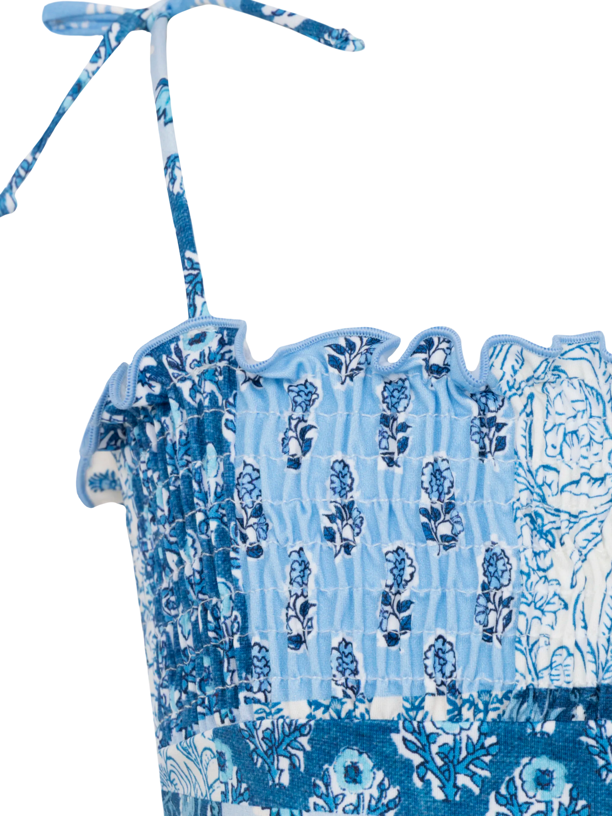 Amina one-piece swimsuit with floral patch and smocked bodice