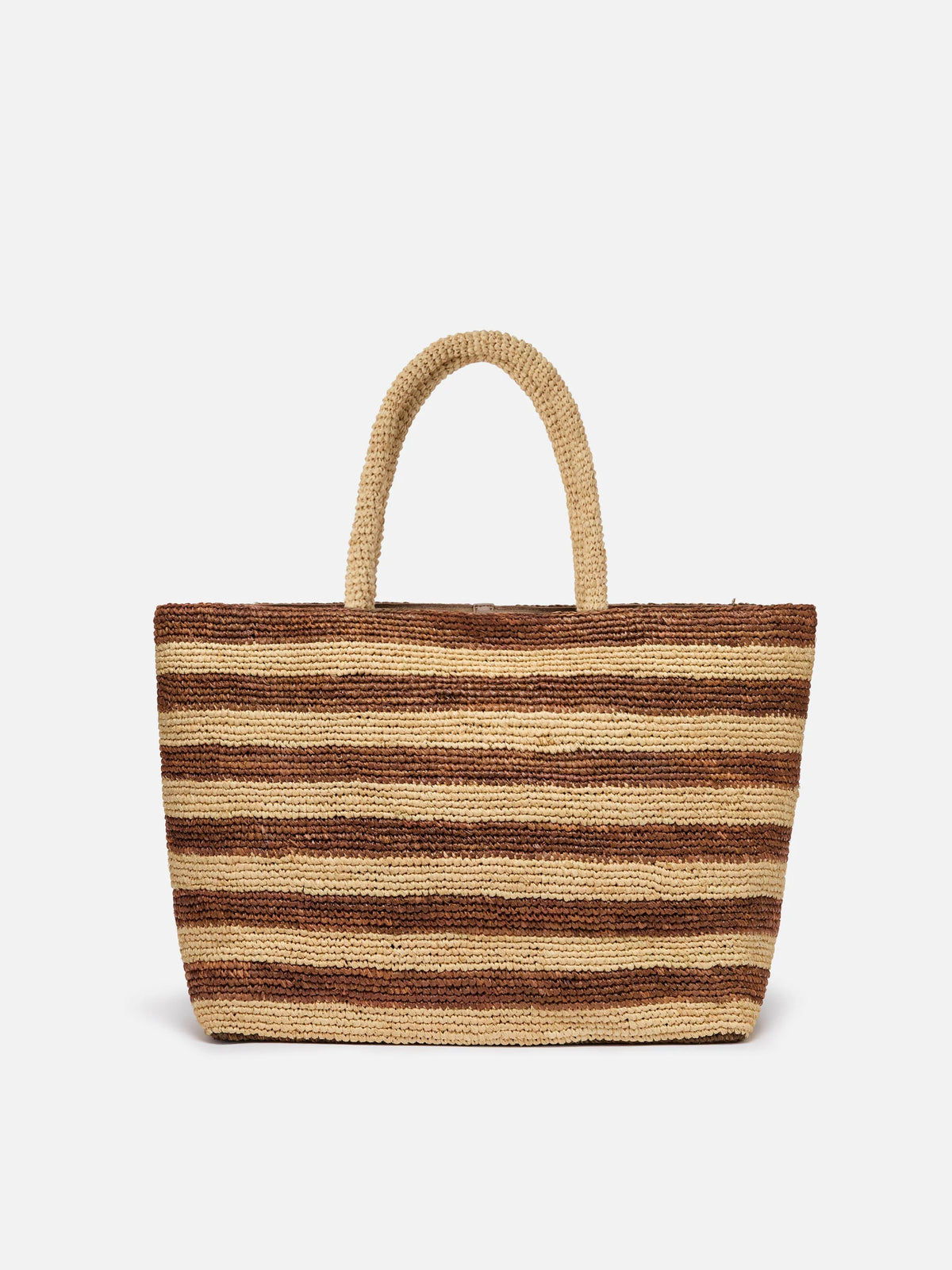 Beach raffia bag with brown stripes and embroidered logo