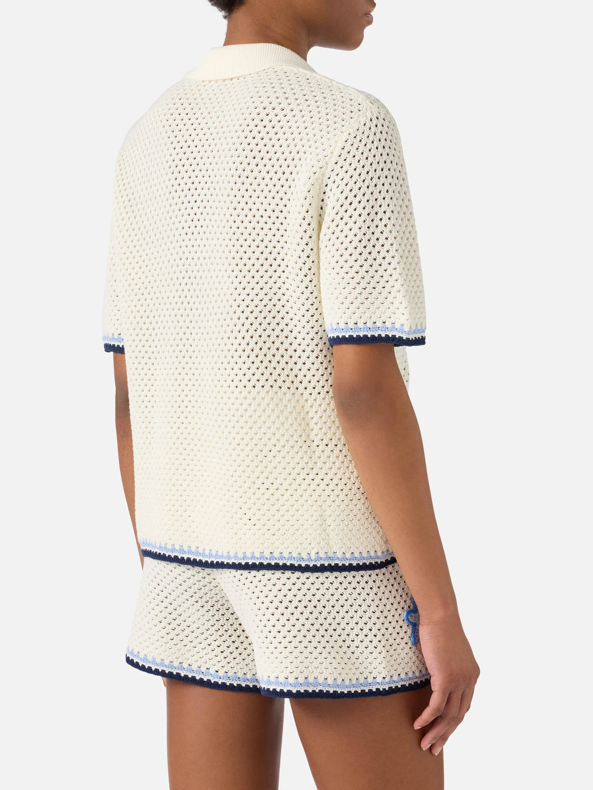 Pixie openwork knit polo with marine patches
