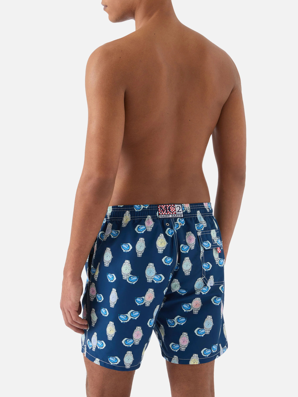 Gustavia swim shorts with oysters and watches print