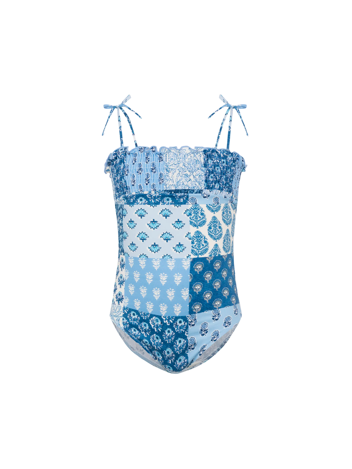 Amina one-piece swimsuit with floral patch and smocked bodice
