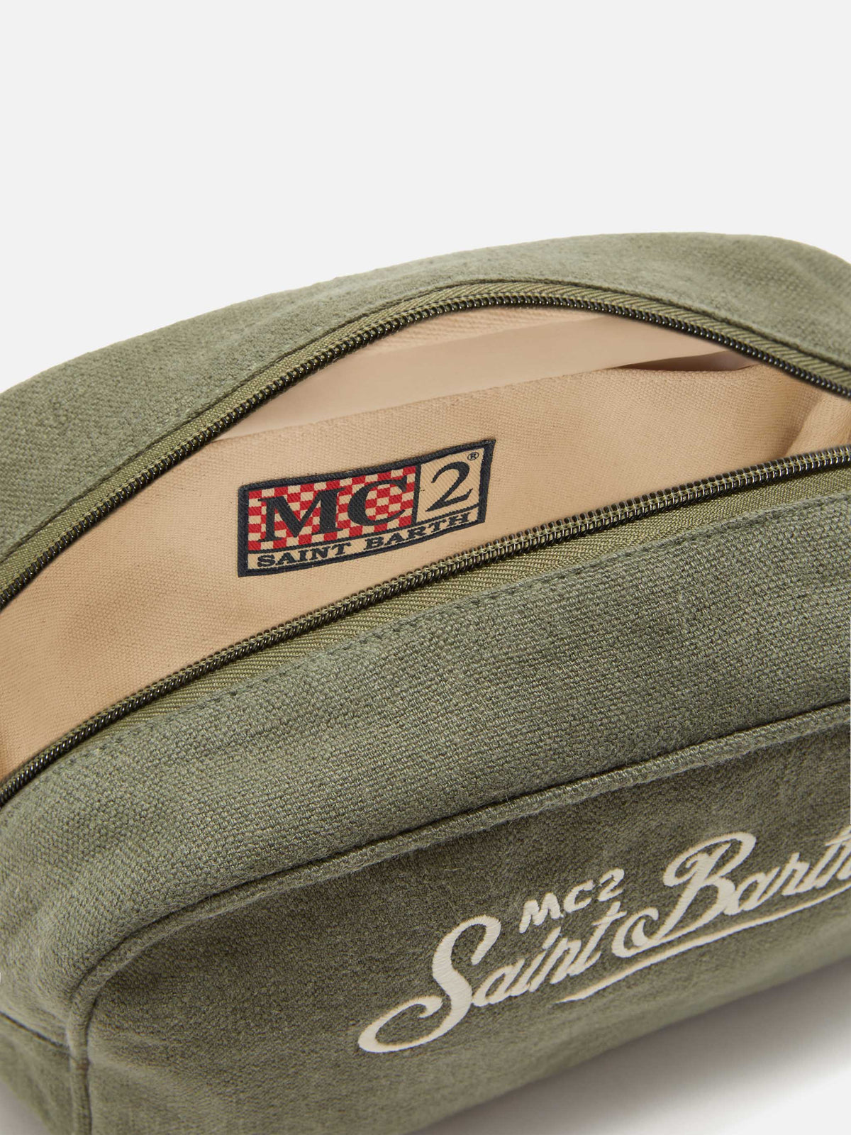Green Westwood linen beauty bag with embroidered logo