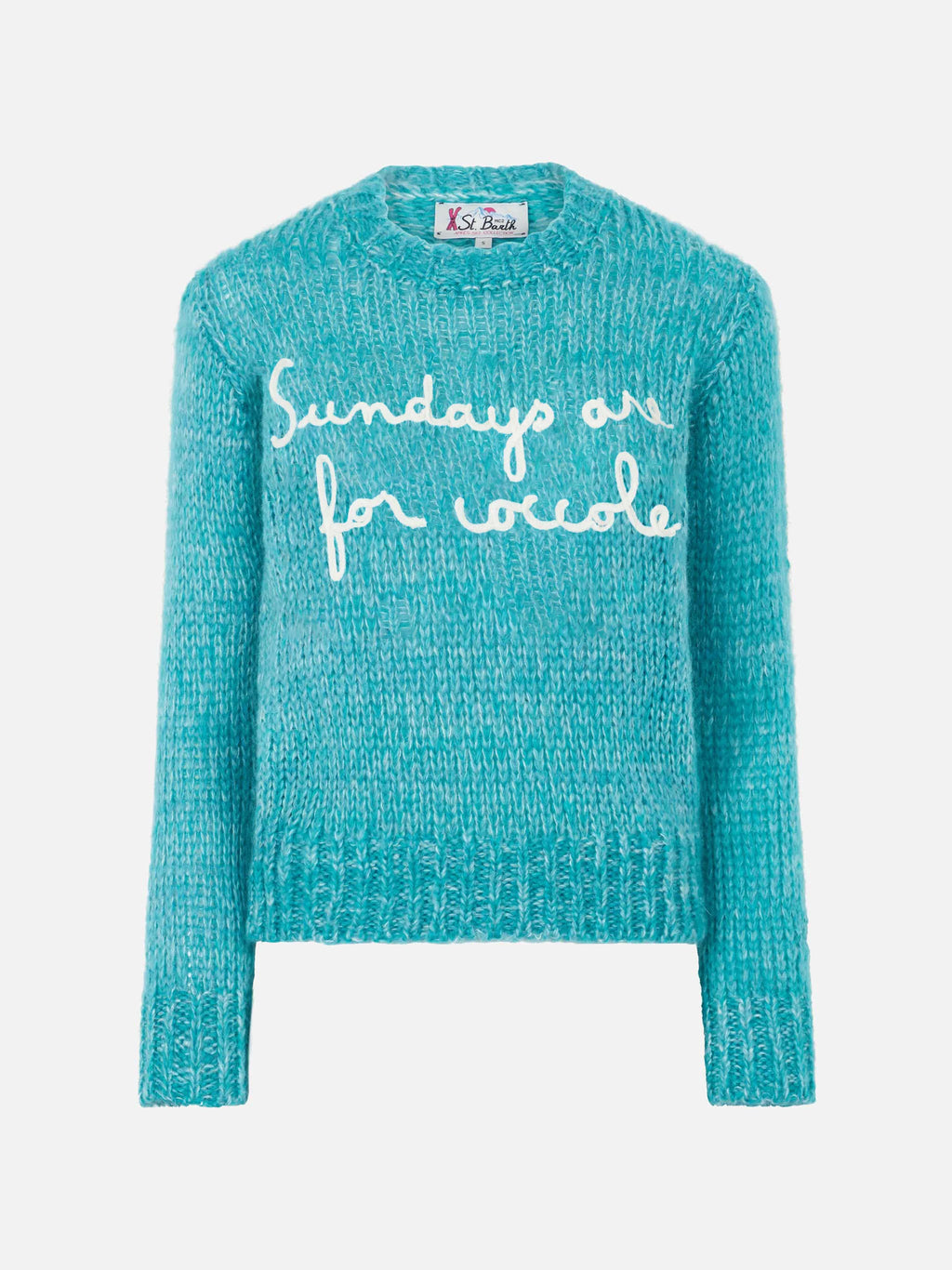 New Queen turquoise mouliné yarn crop sweater with embroidery