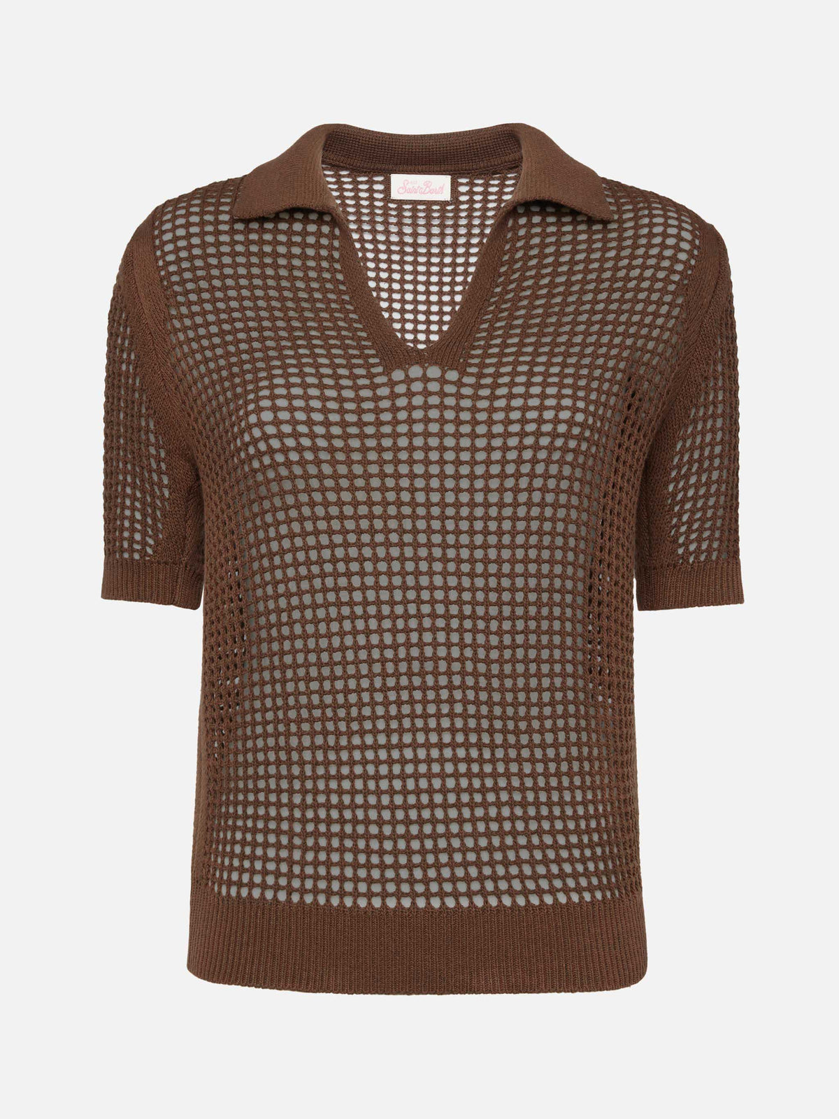 Flora brown mesh crochet polo
