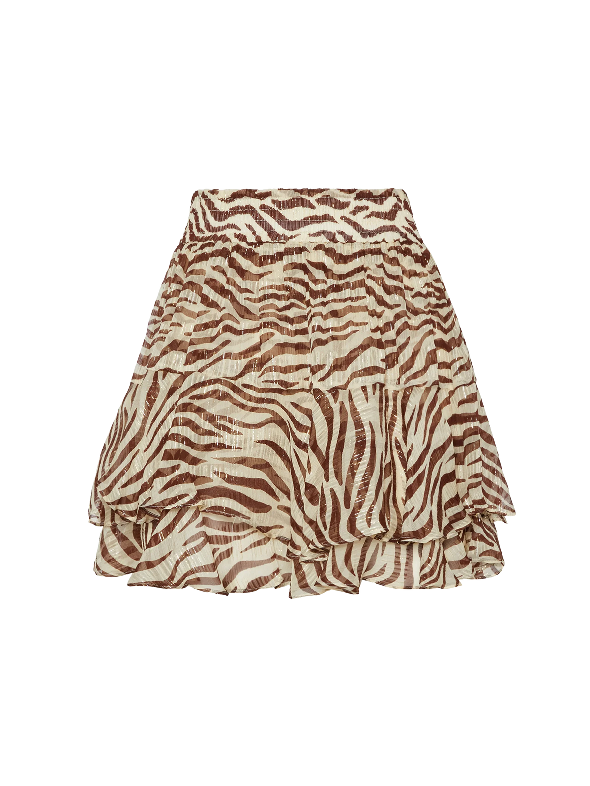 Eivissa ruffled mini skirt in lurex silk voile with animalier print