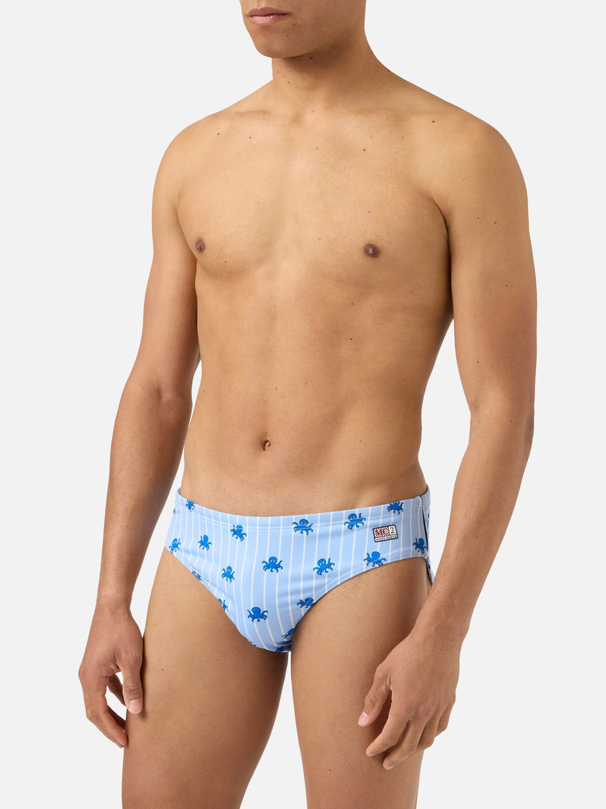 Cayo light blue striped swim briefs with octopus print