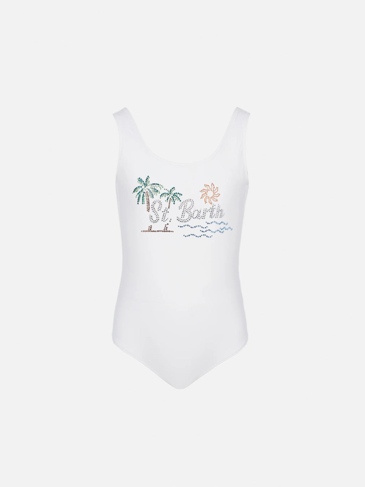 Cara one-piece swimsuit with St. Barth sunset rhinestone design