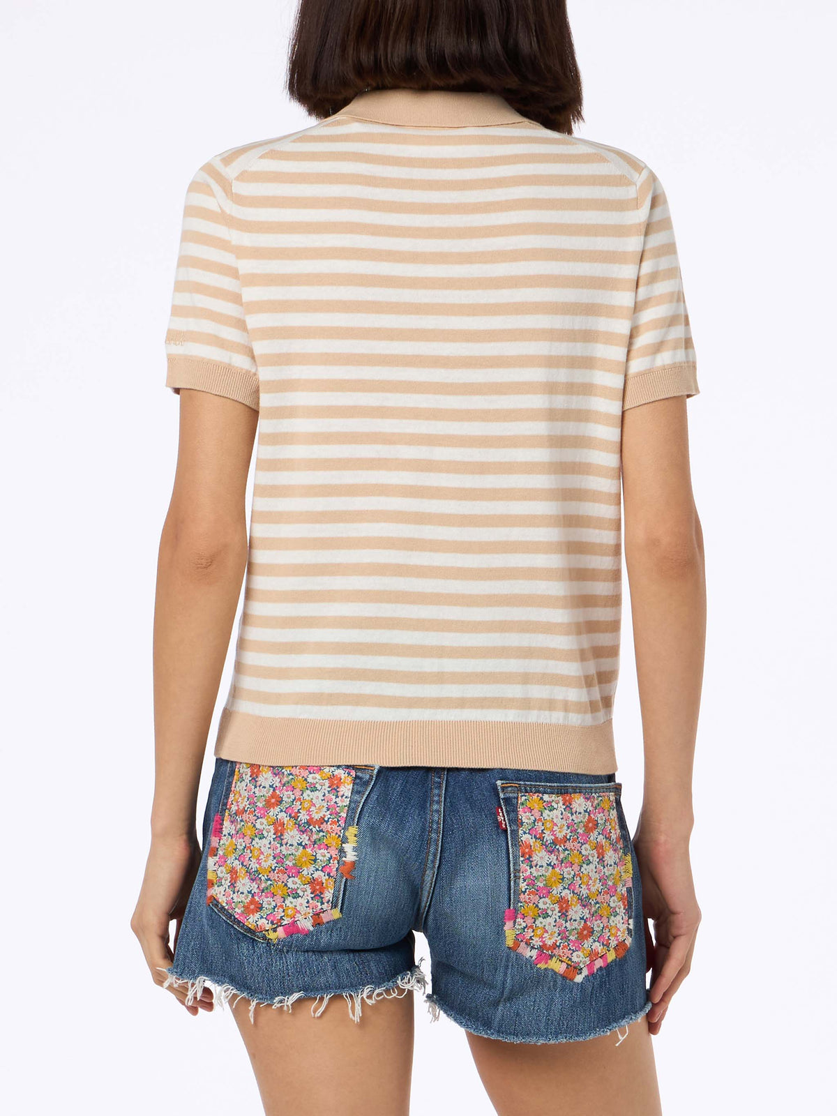 Evonne beige and white striped knitted polo