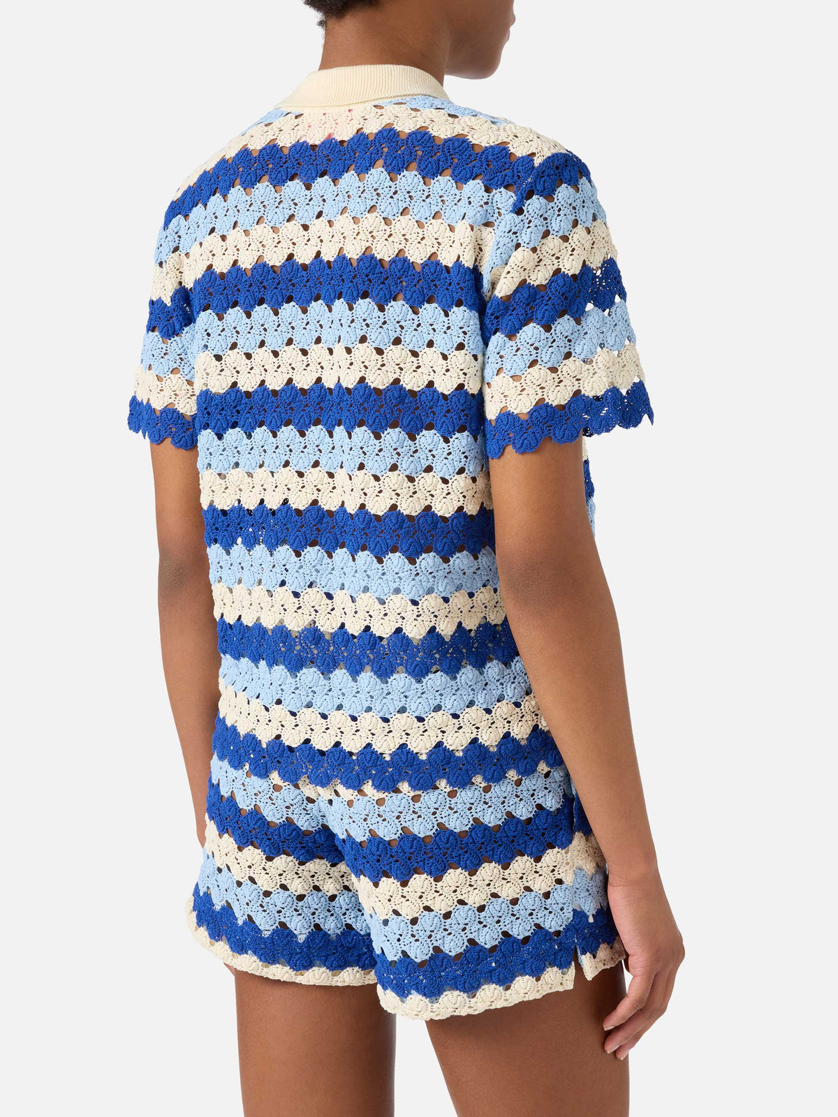 Monet crochet-effect cotton knit polo with striped pattern