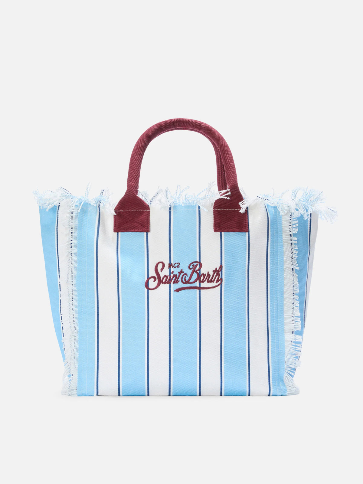 Fabric bracelet with light blue stripes and embroidery