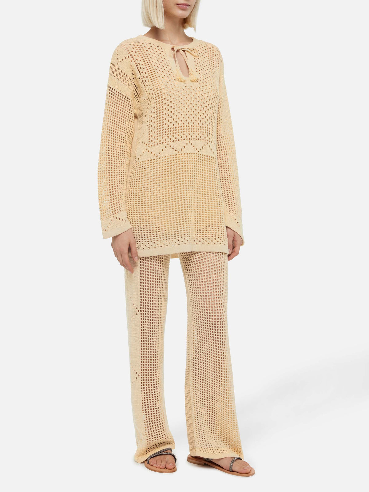 Alva beige crochet flared pants