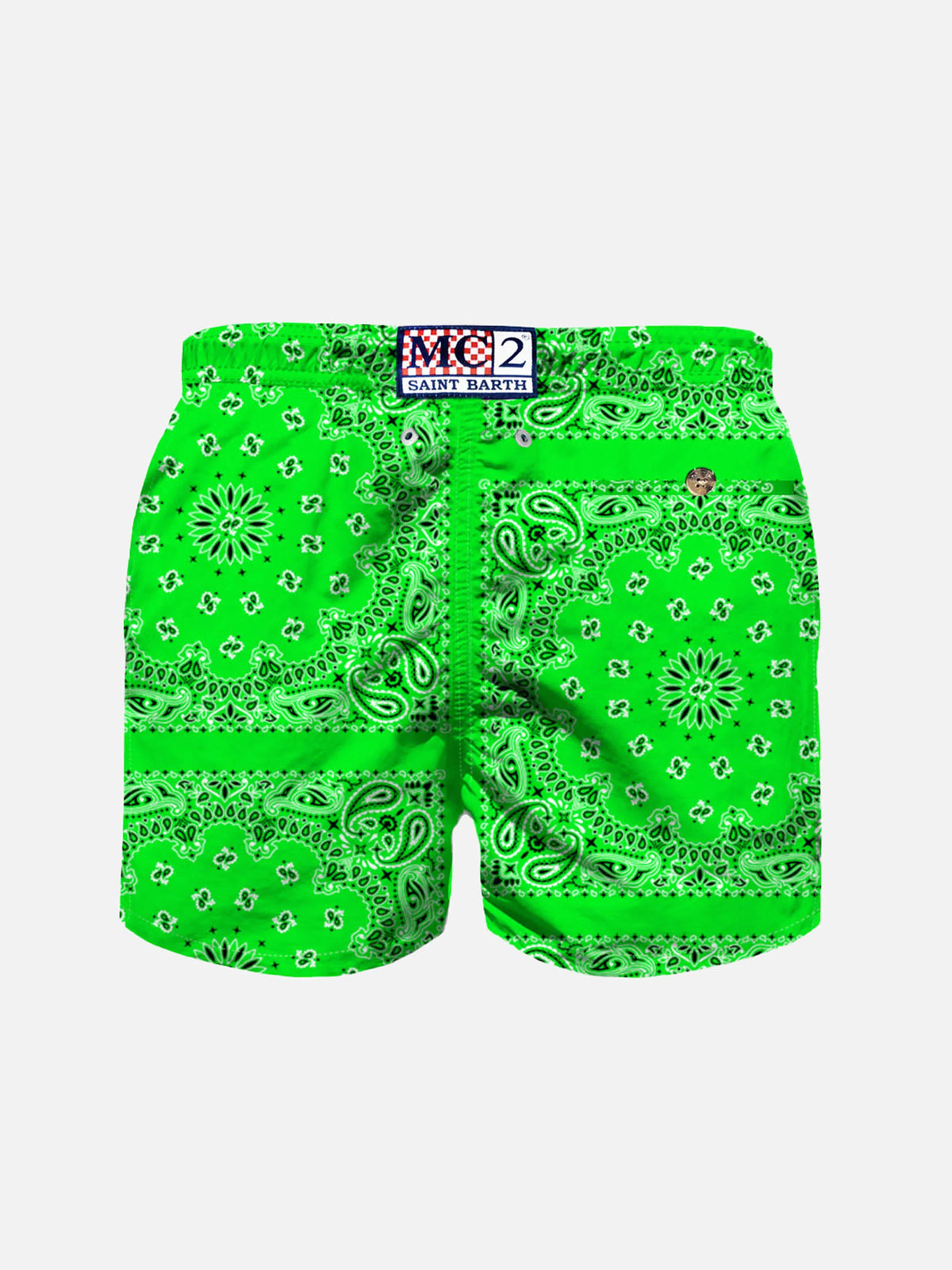 Boy fluo green swim shorts with bandanna print