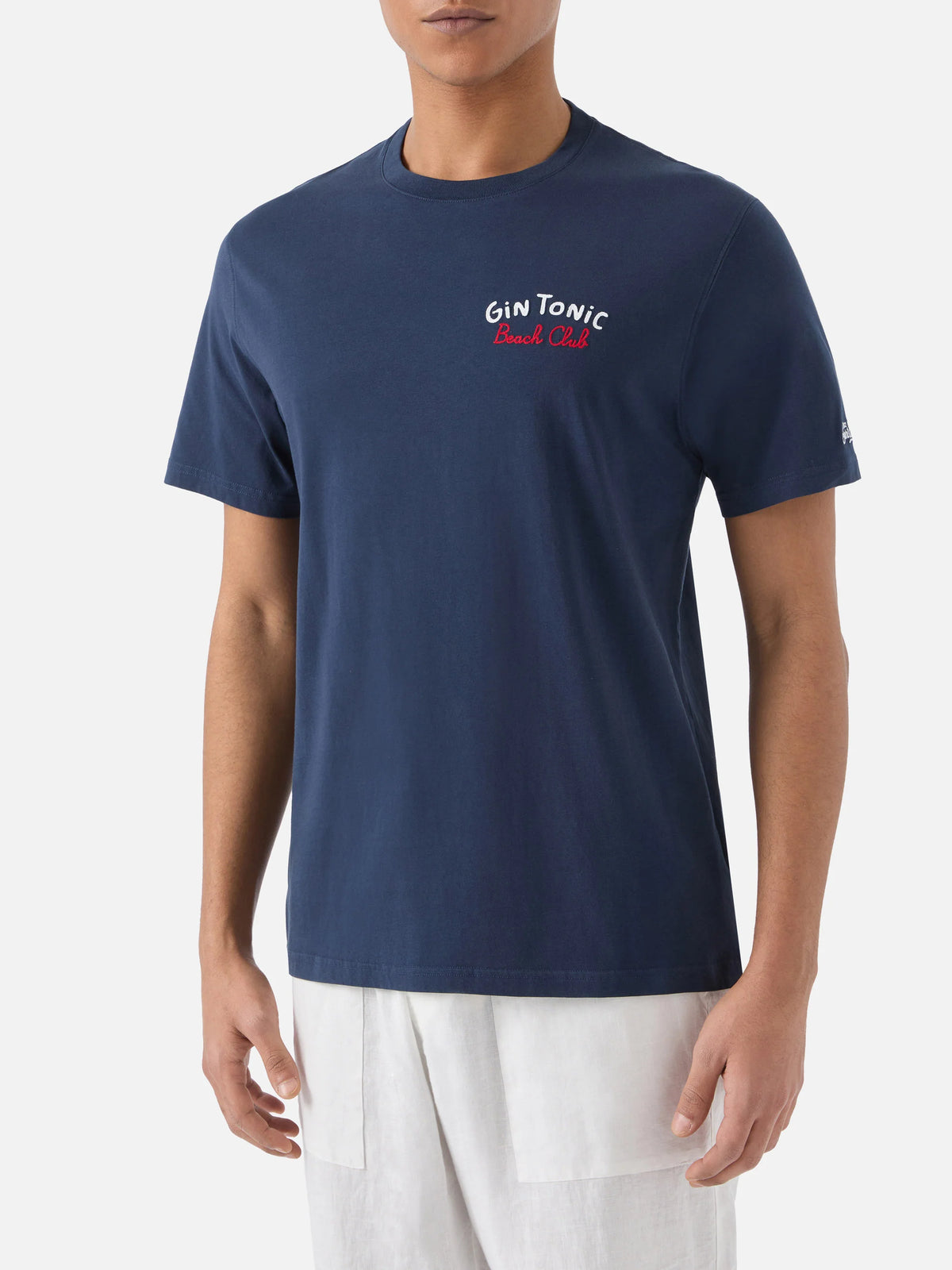 Blue Portland t-shirt with Gin Tonic Beach Club front/back embroidery