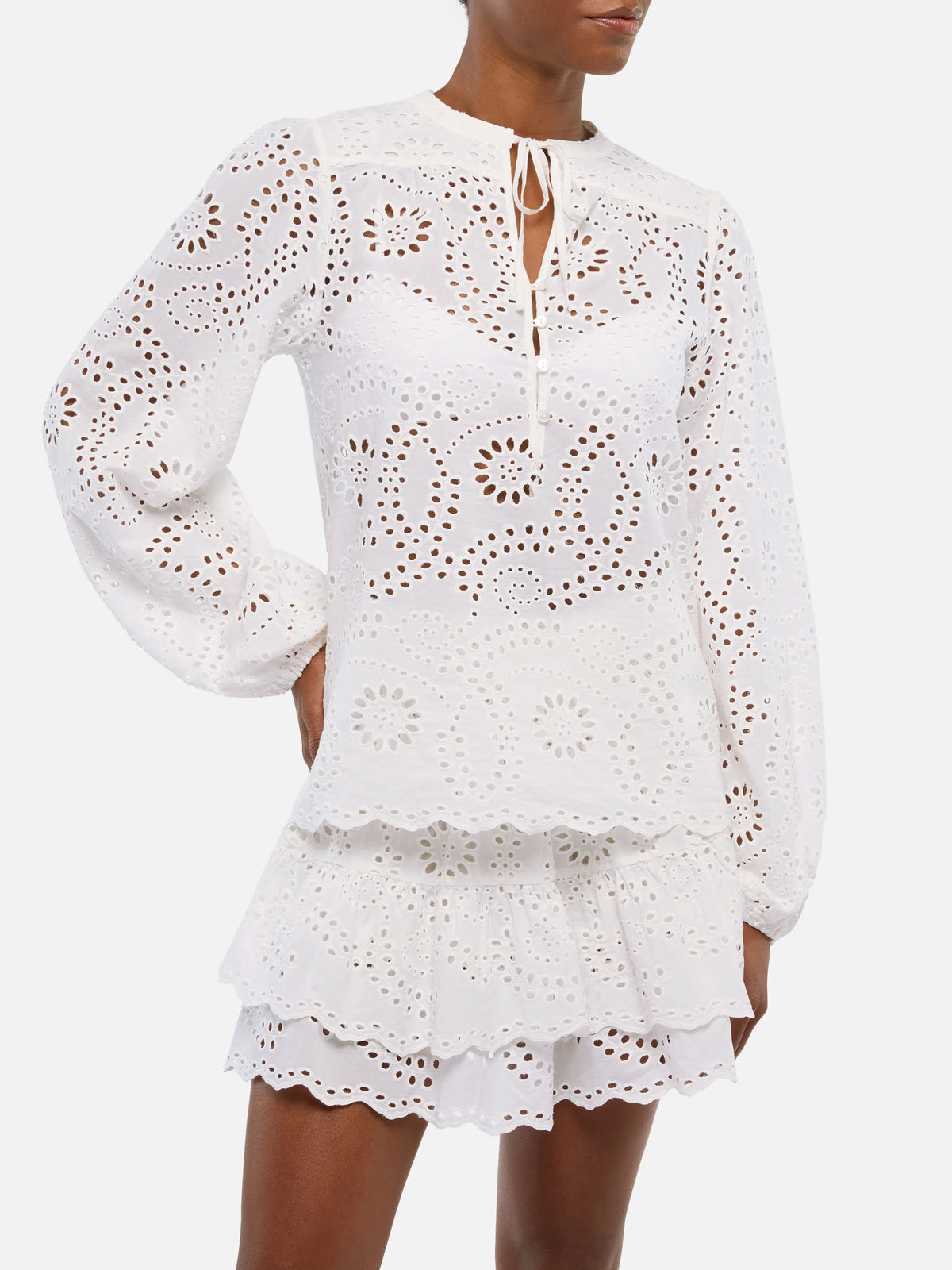 Harper silk voile blouse in white Sangallo lace