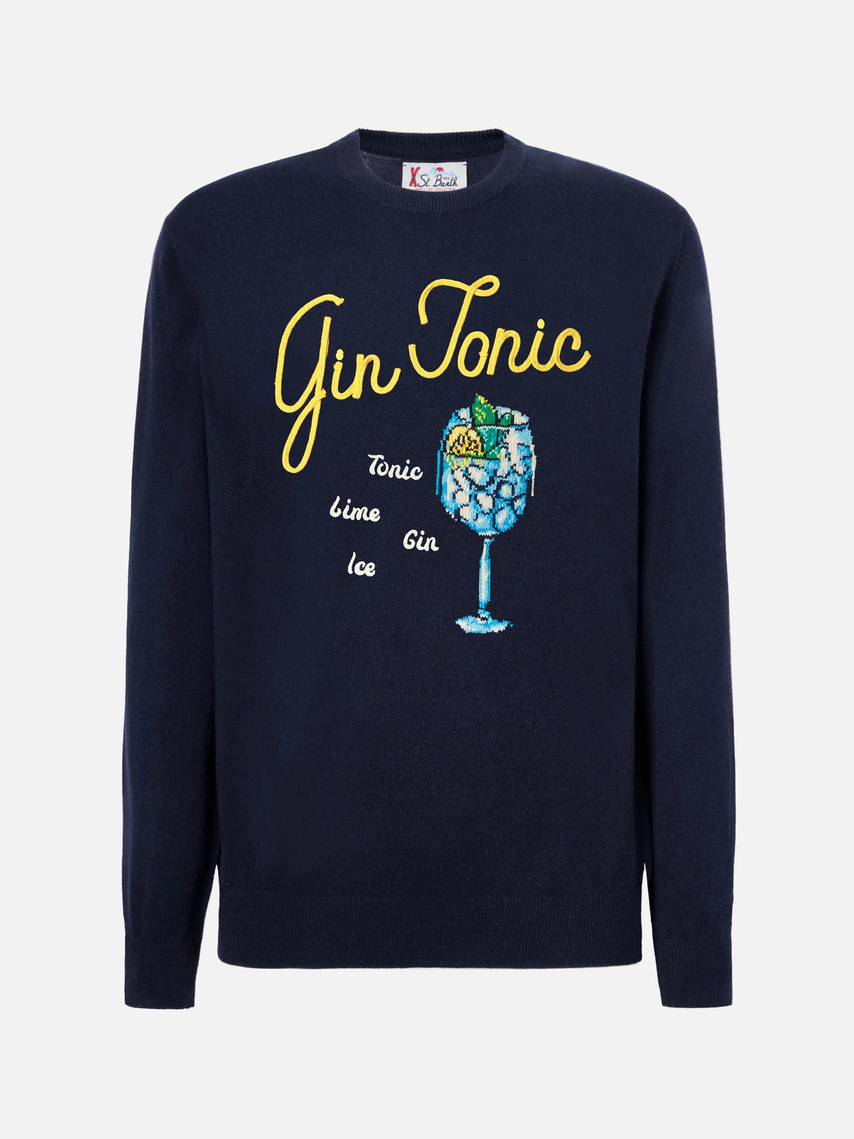 Blue sweater Heron with Gin Tonic embroidery