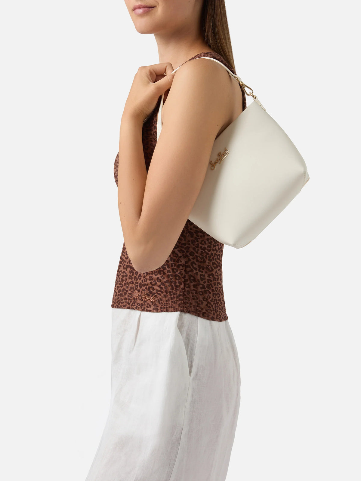 Aline bag in white smooth leather with metal logo plaque
