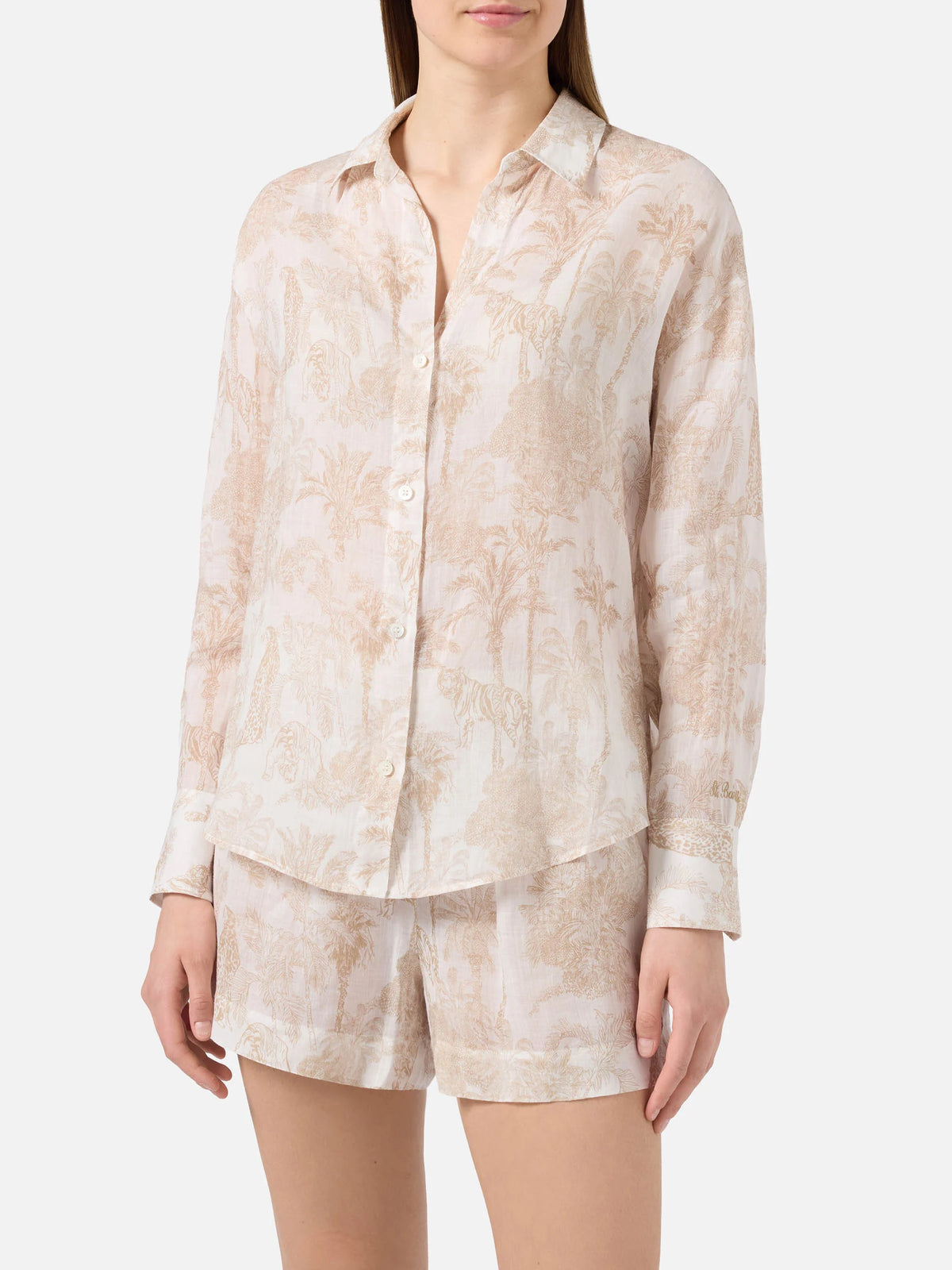 Meave ramie shorts with beige toile de Jouy print
