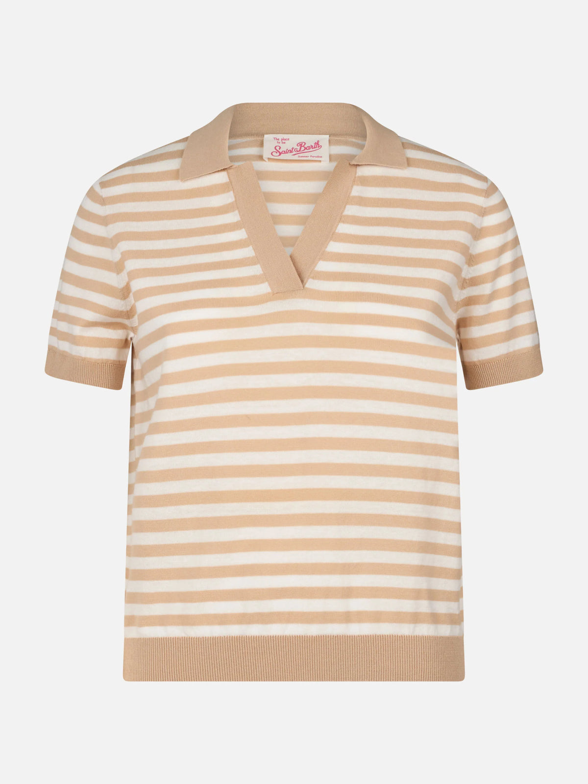 Evonne beige and white striped knitted polo