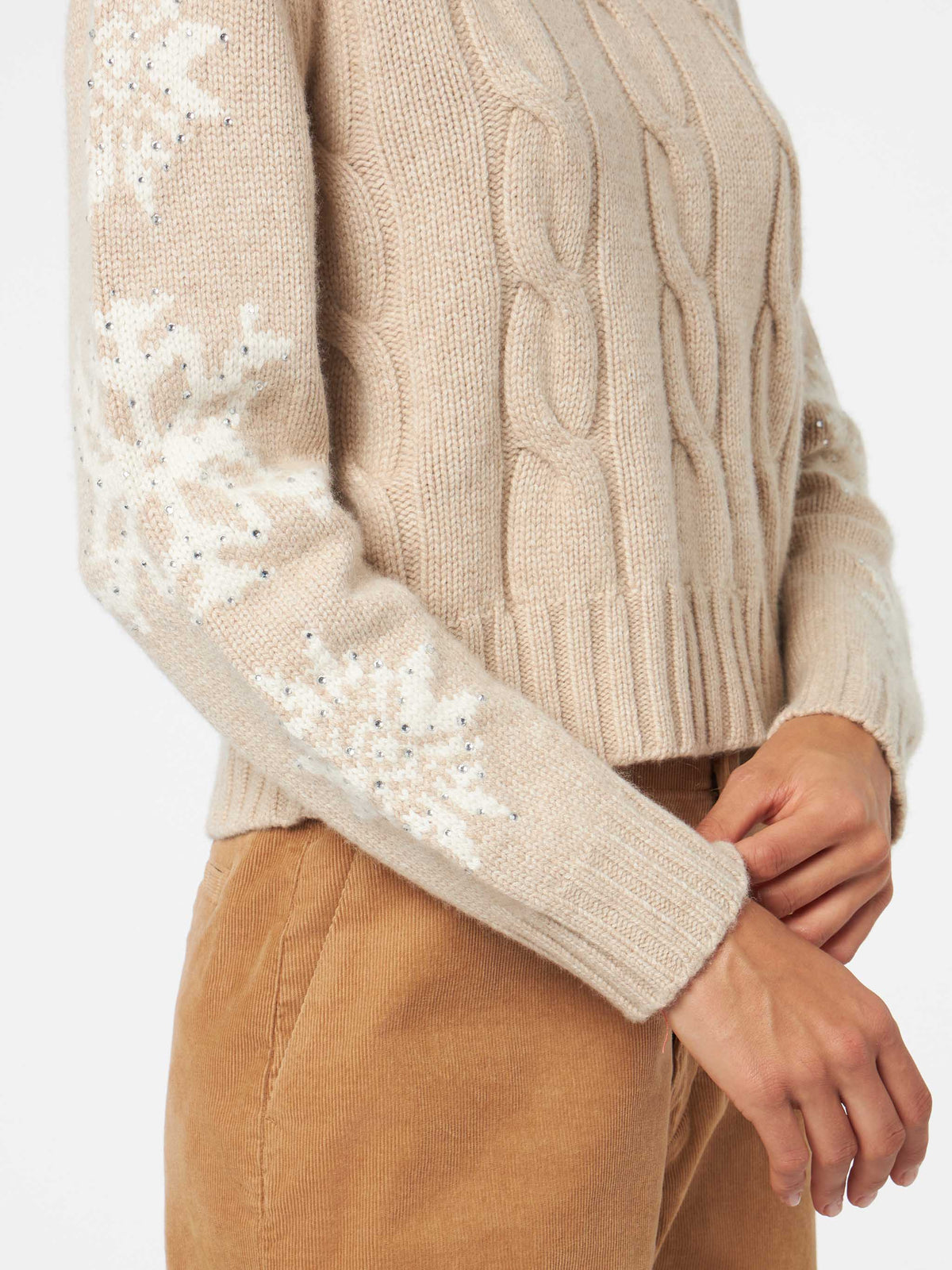 Adler beige cable knit turtleneck sweater with rhinestones