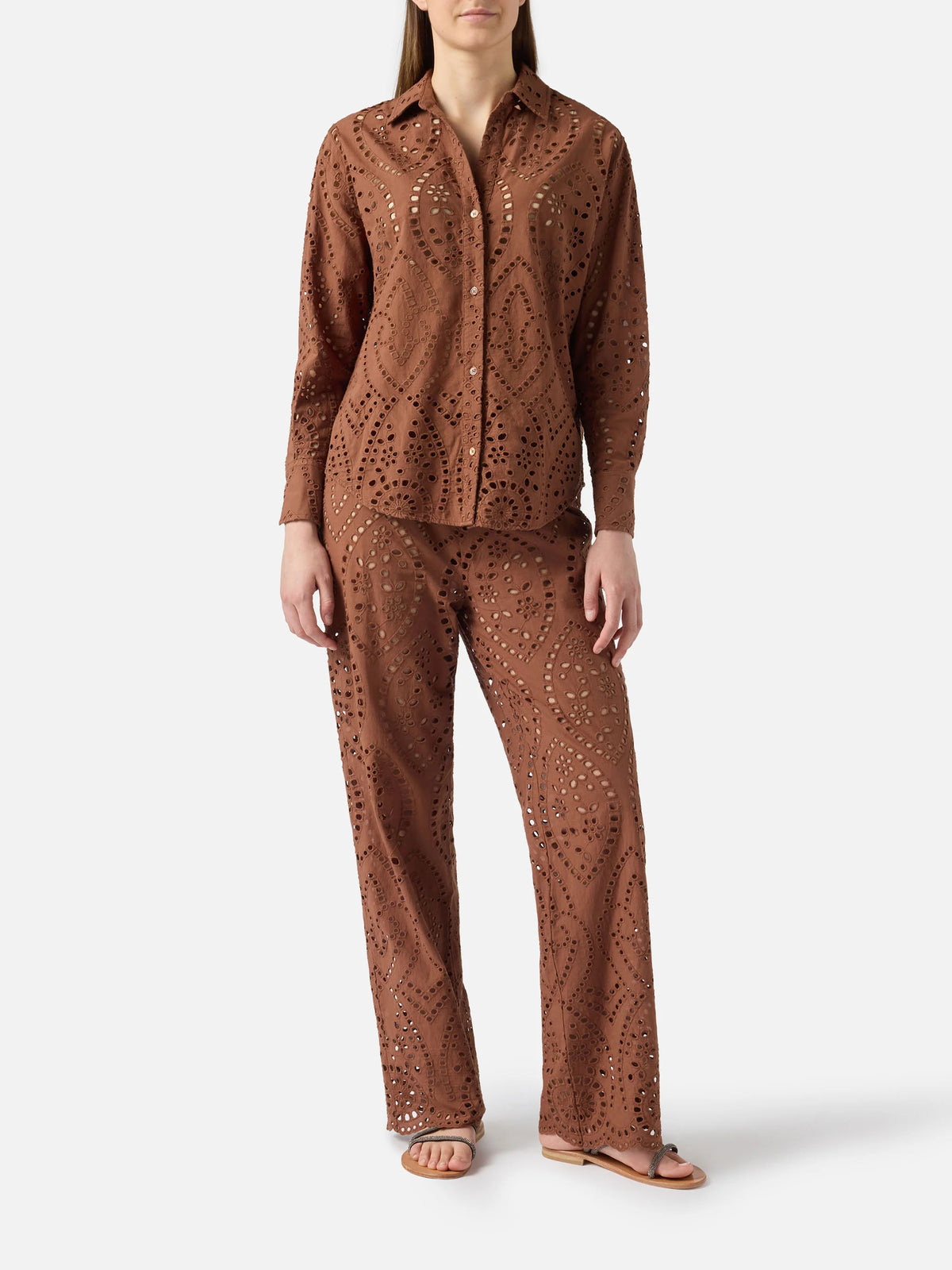 Brown Inez broderie anglaise trousers