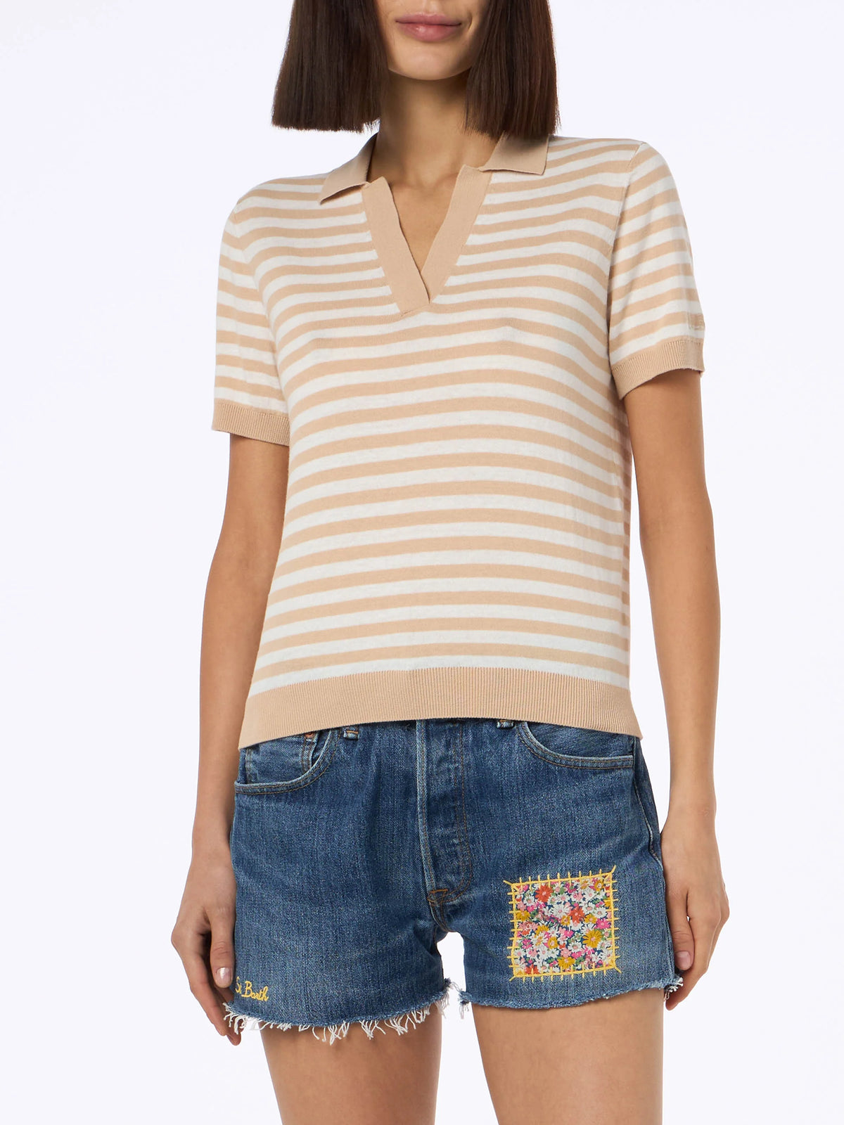Evonne beige and white striped knitted polo