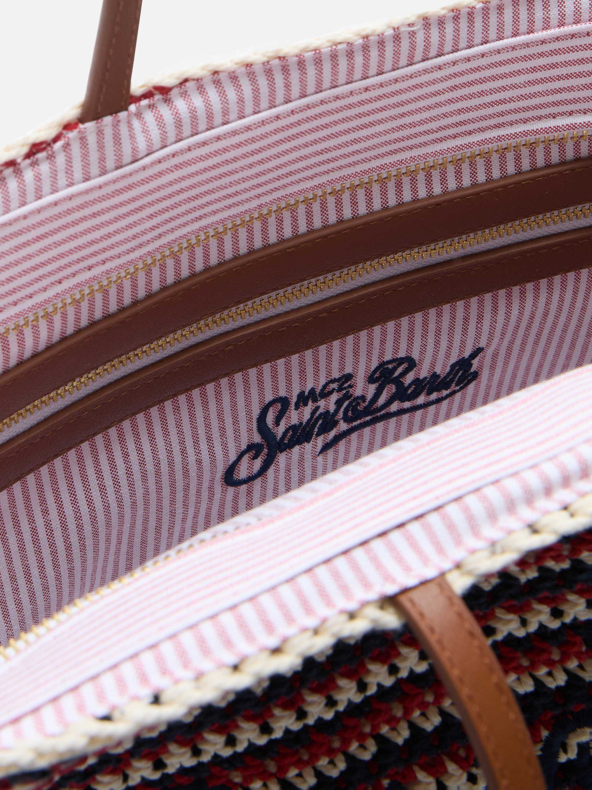 Crochet Tote bag in blue and red stripes with embroidered logo