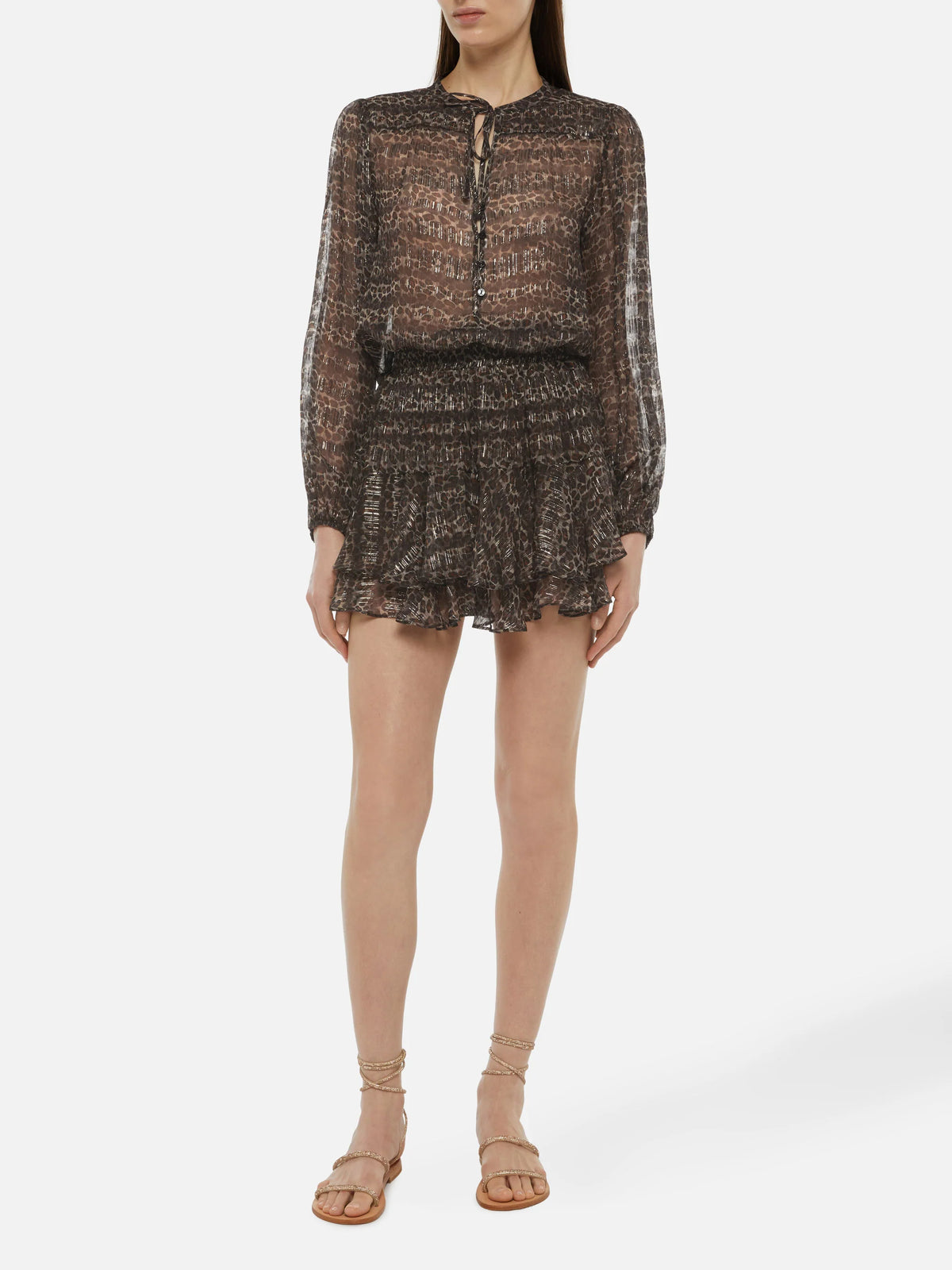 Eivissa ruffled mini skirt in lurex silk voile with animalier print