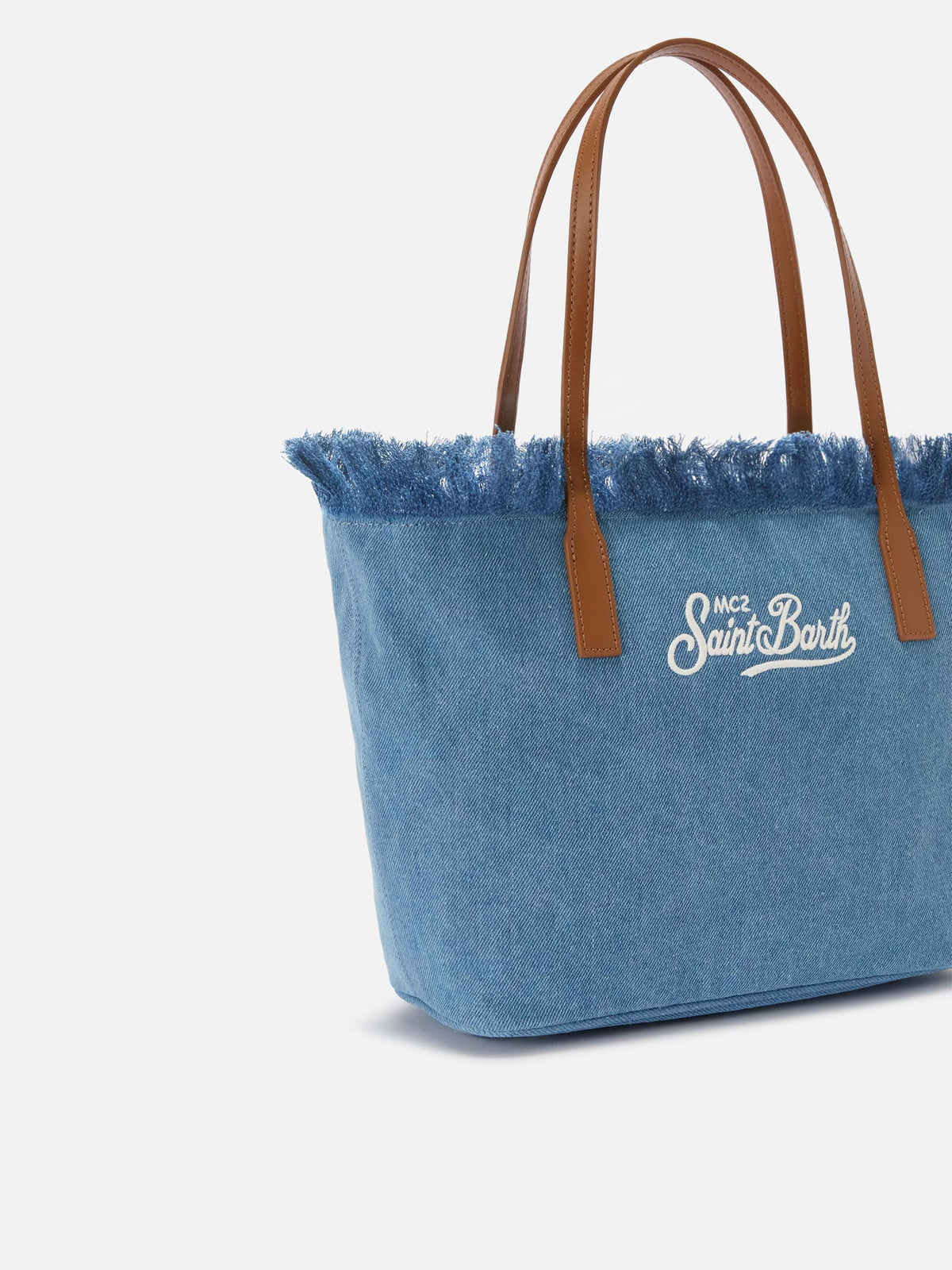Medium City shopper bag in denim fabric with fringes