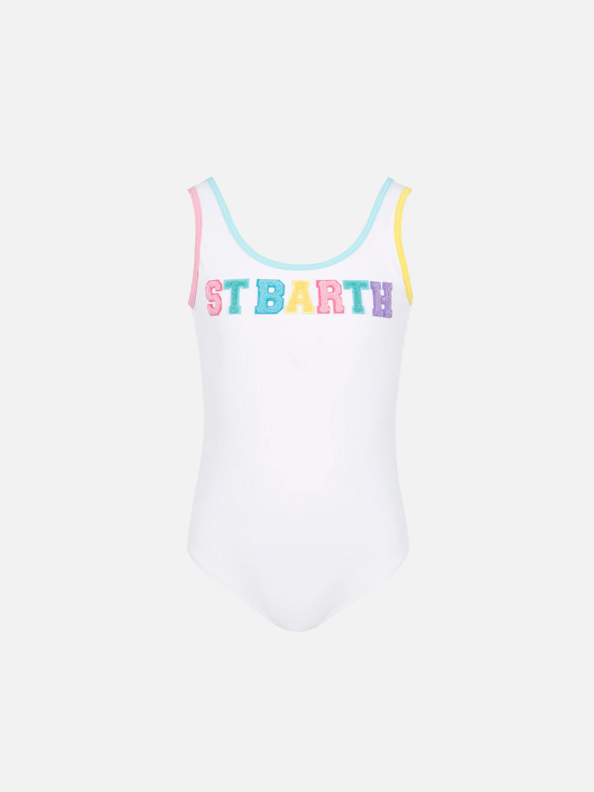 Cara white ribbed one-piece swimsuit with multicolor logo patch