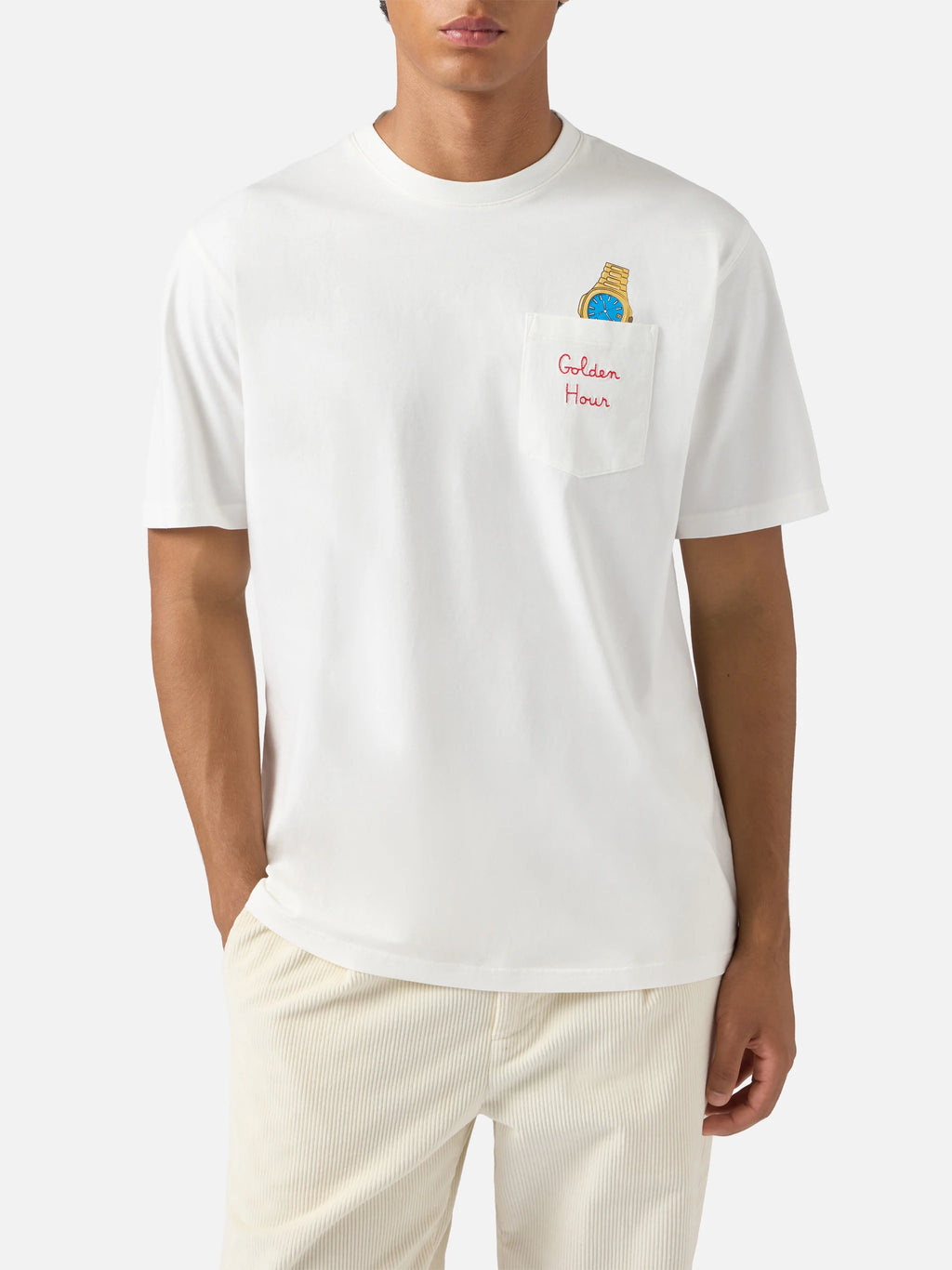 Connor cotton T-shirt in white with Golden hour pocket embroidery