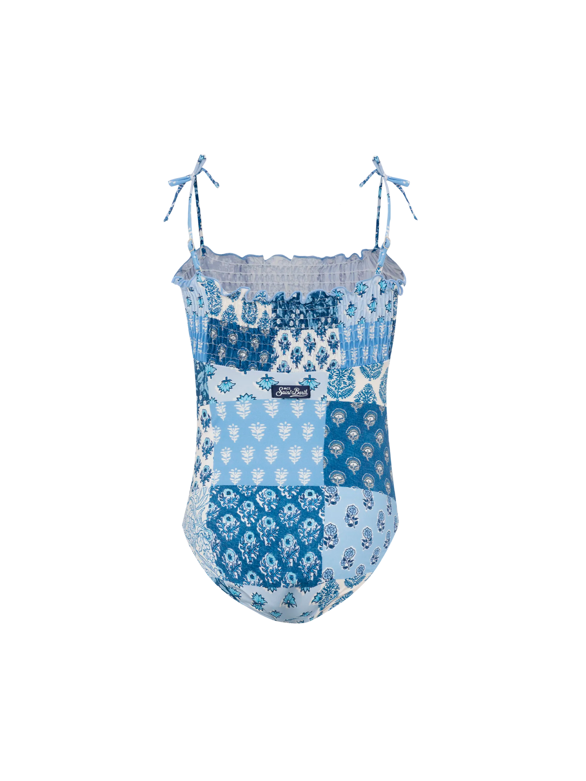 Amina one-piece swimsuit with floral patch and smocked bodice