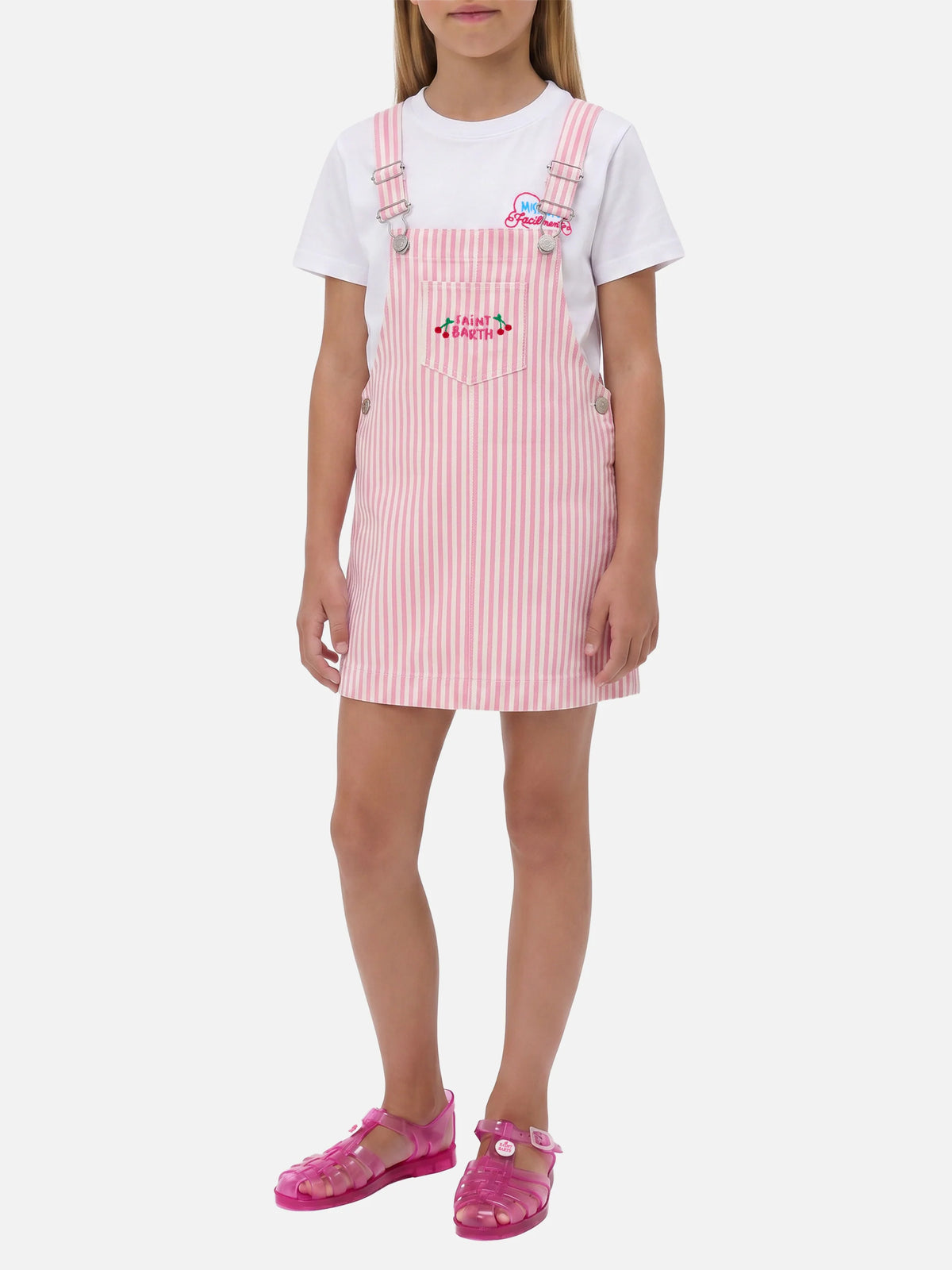 Pink striped denim pinafore dress Tecla Jr with embroidery