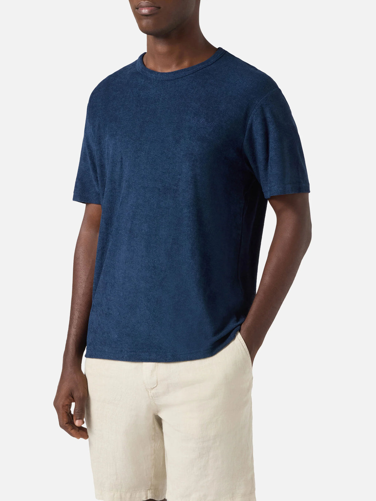 Blue Gary cotton terry-effect t-shirt with logo embroidery