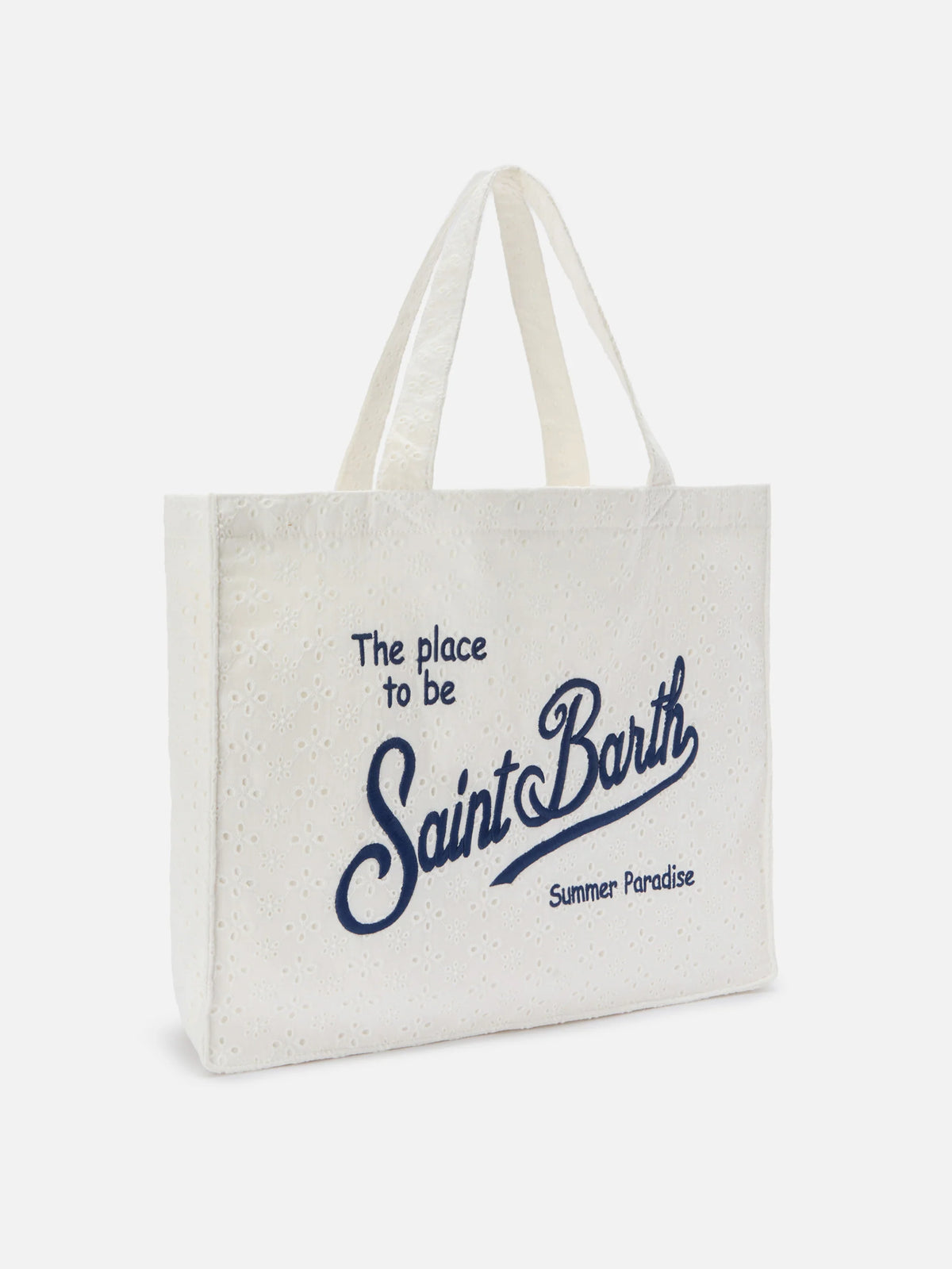 Essential white broderie anglaise cotton tote bag with contrasting logo